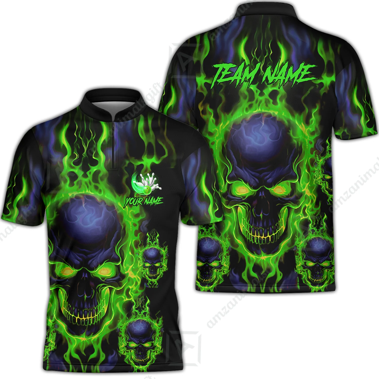 Bowling Customized Jersey Shirt Purple Flame Skull Bowling Tenpin Quarter Zip Shirt, Outfit For Bowlers, Bowling Team - Image 17