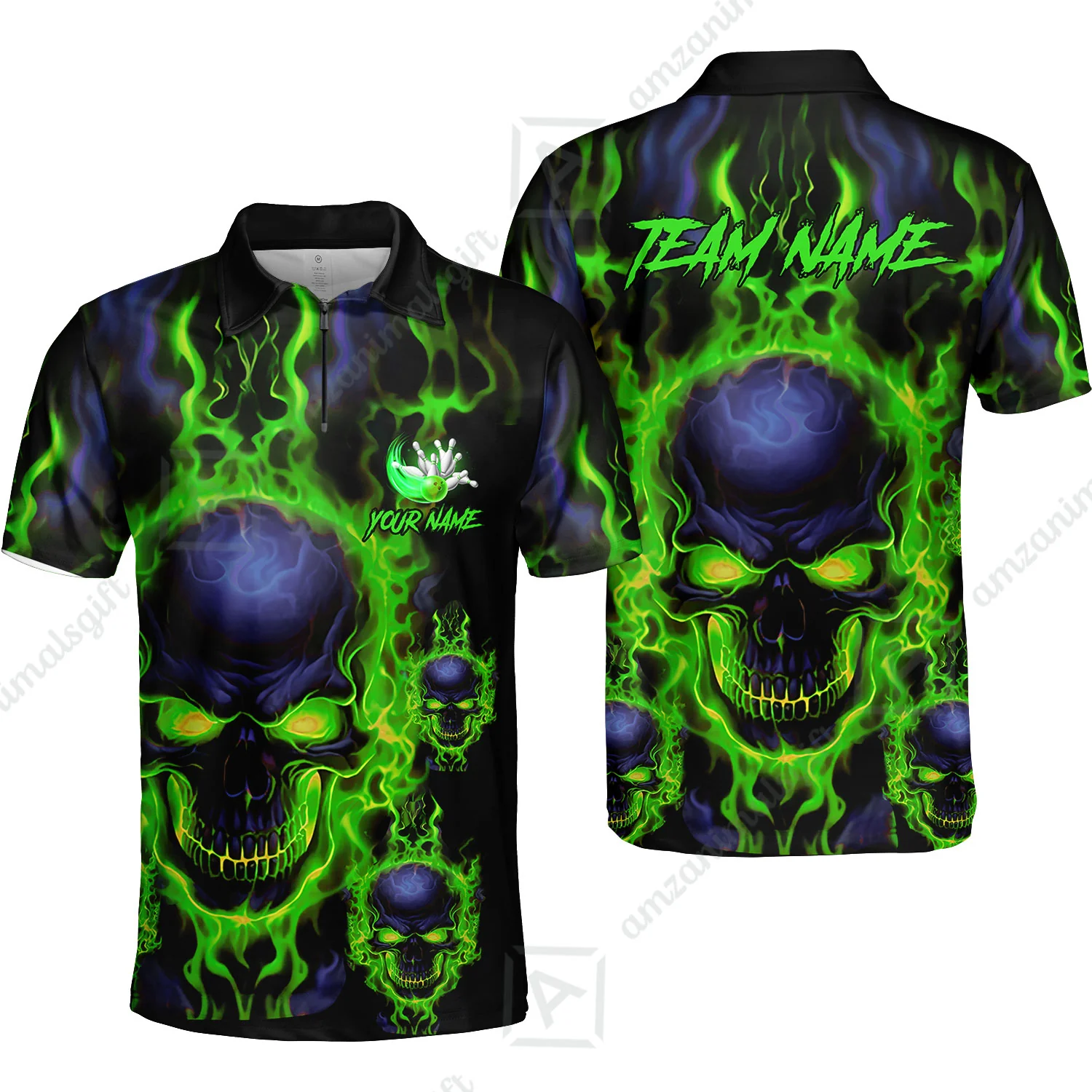 Bowling Customized Jersey Shirt Purple Flame Skull Bowling Tenpin Quarter Zip Shirt, Outfit For Bowlers, Bowling Team - Image 18