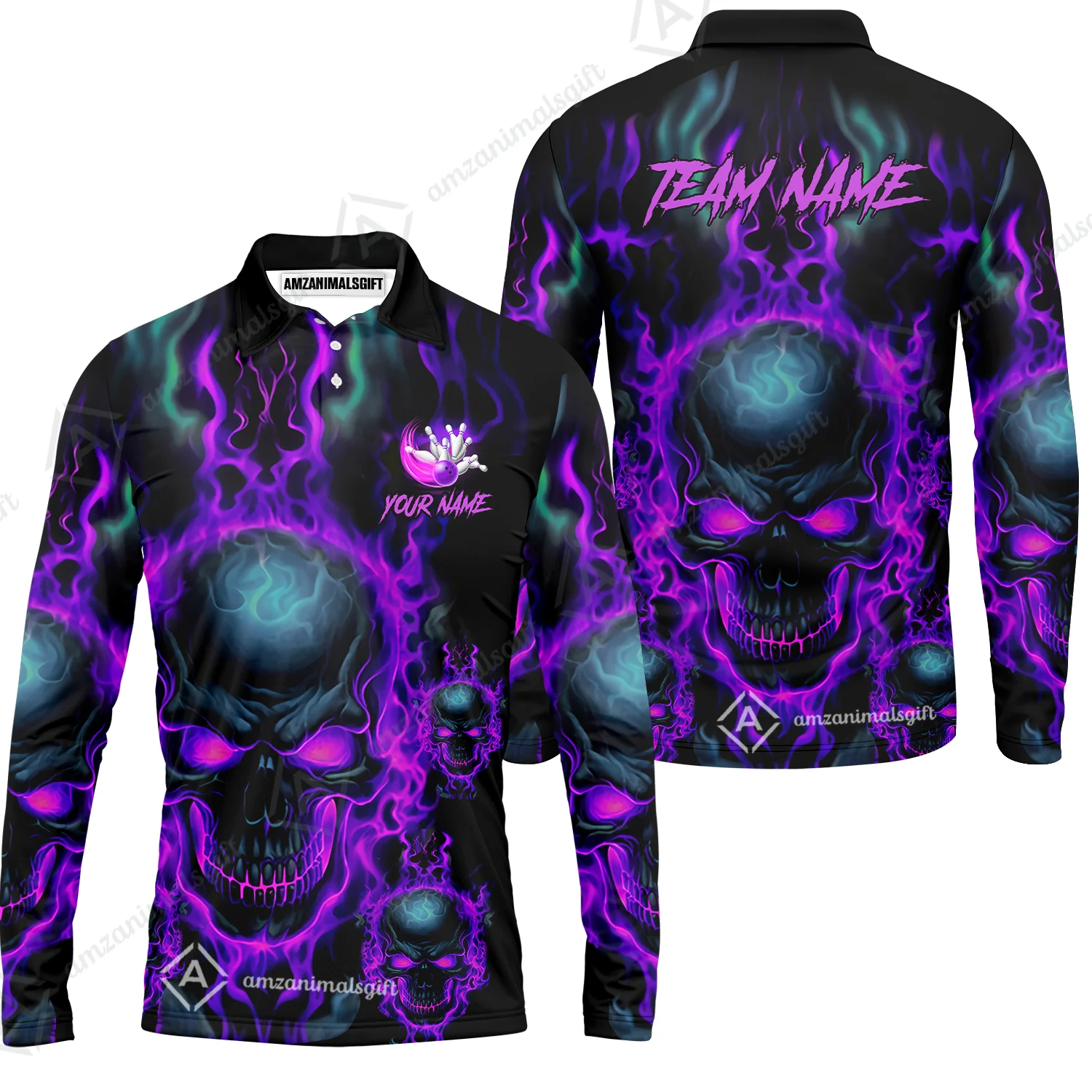 Bowling Customized Jersey Shirt Purple Flame Skull Bowling Tenpin Quarter Zip Shirt, Outfit For Bowlers, Bowling Team - Image 26