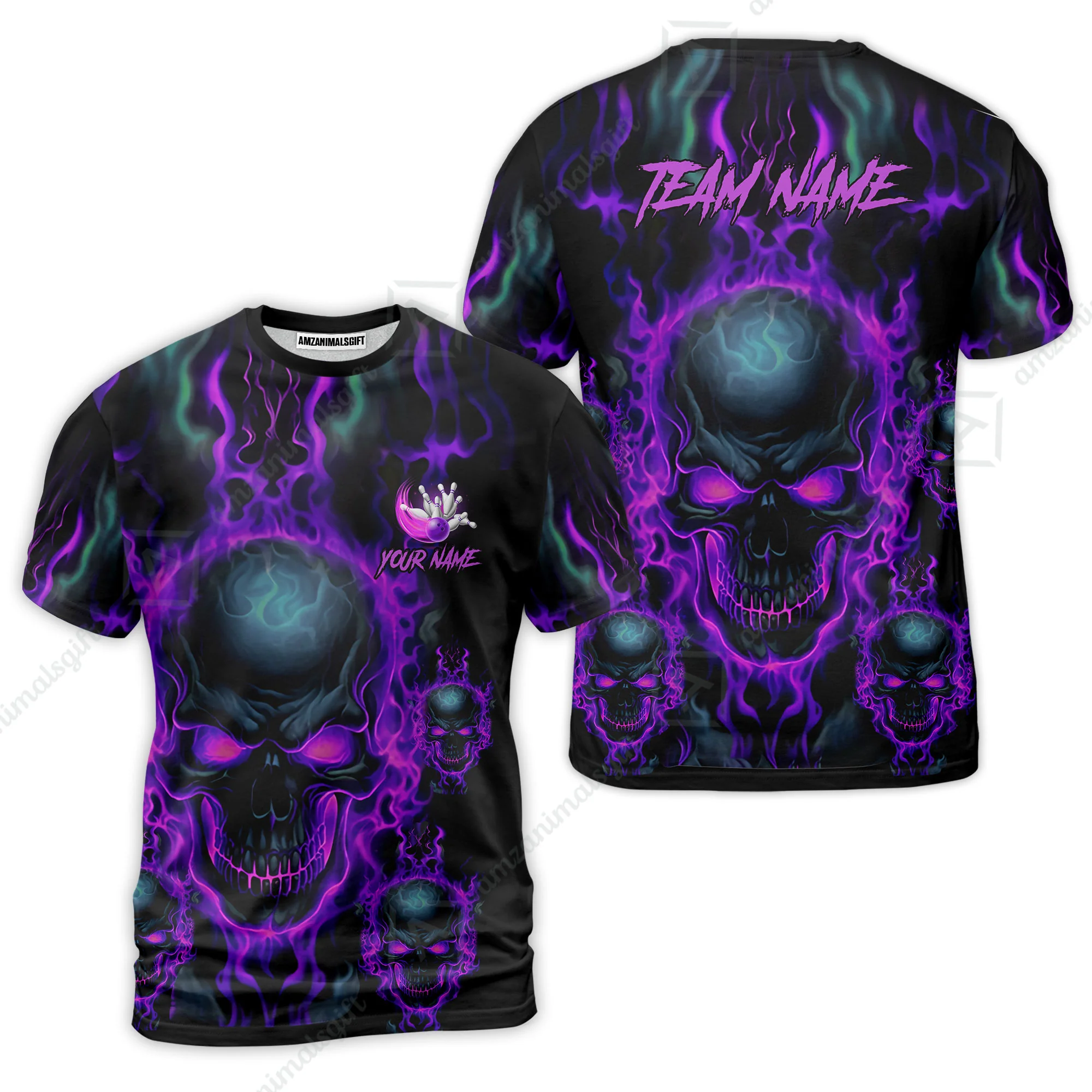 Bowling Customized Jersey Shirt Purple Flame Skull Bowling Tenpin Quarter Zip Shirt, Outfit For Bowlers, Bowling Team - Image 3