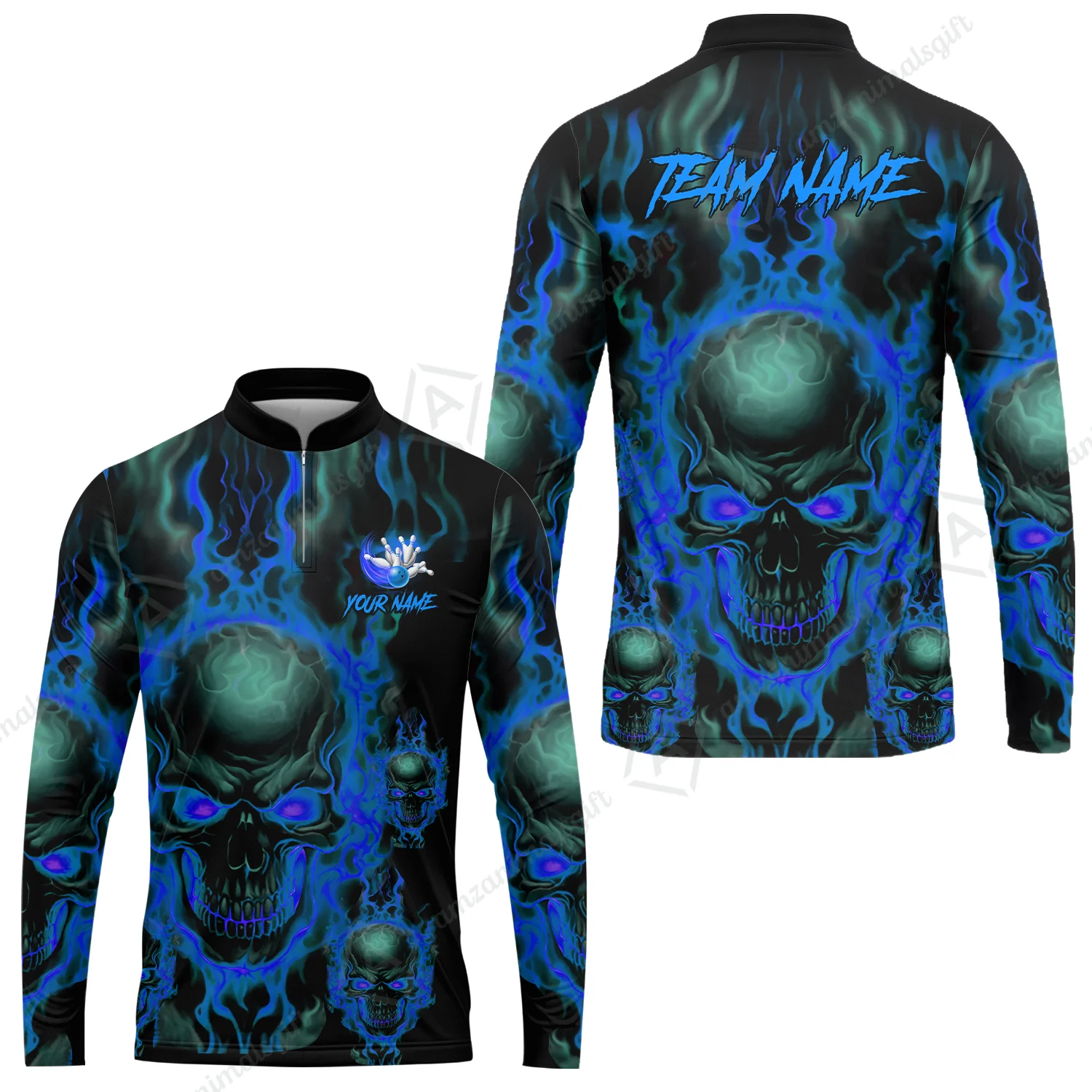Bowling Customized Jersey Shirt Purple Flame Skull Bowling Tenpin Quarter Zip Shirt, Outfit For Bowlers, Bowling Team - Image 32