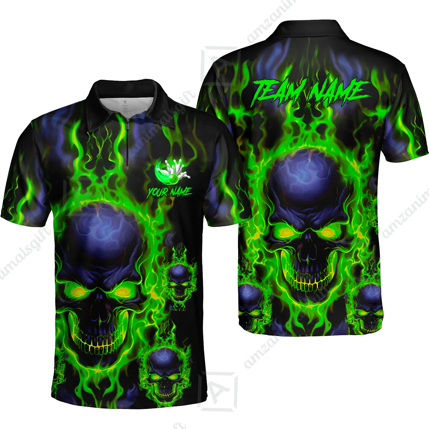 Bowling Customized Jersey Shirt Purple Flame Skull Bowling Tenpin Quarter Zip Shirt, Outfit For Bowlers, Bowling Team - Image 47
