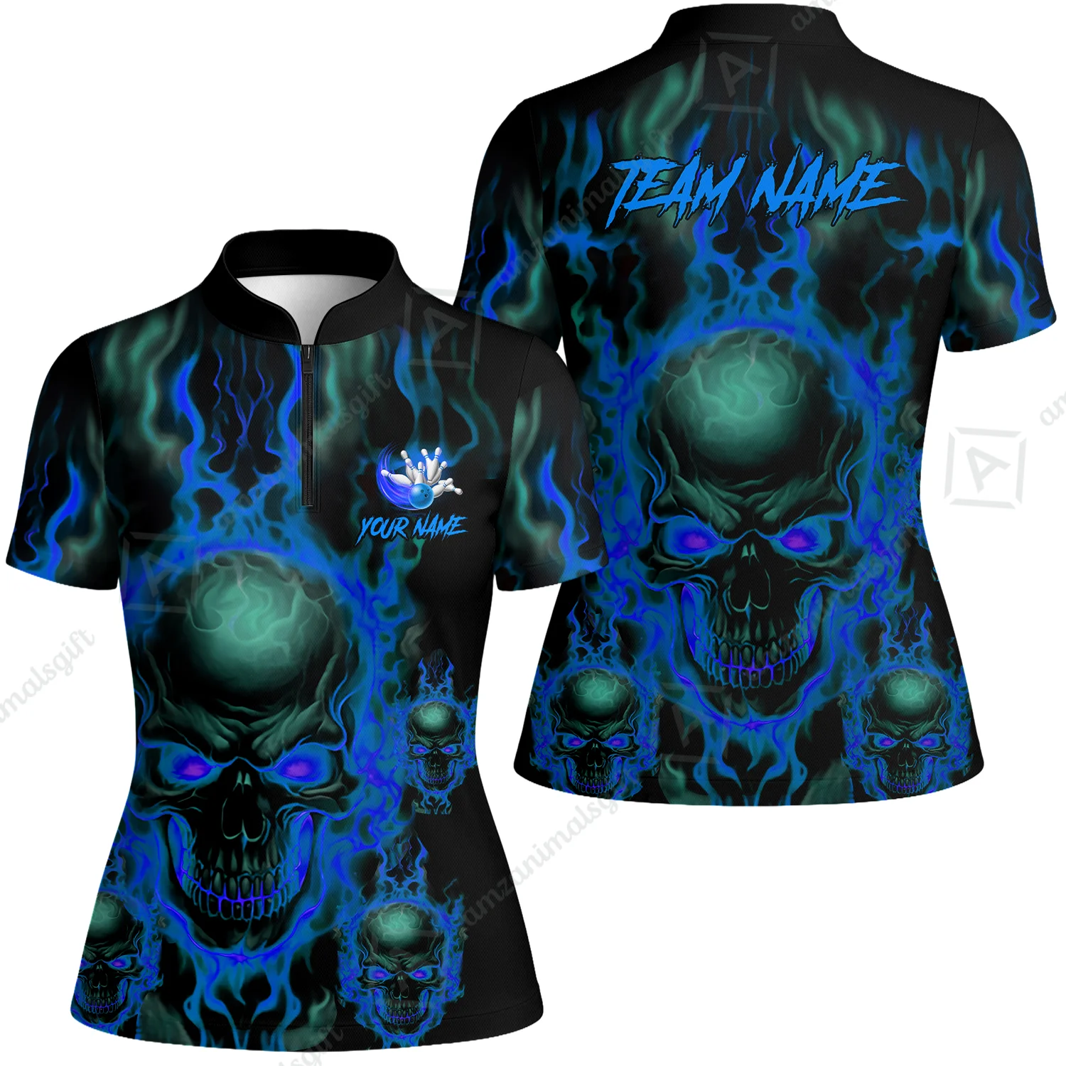 Bowling Customized Jersey Shirt Purple Flame Skull Bowling Tenpin Quarter Zip Shirt, Outfit For Bowlers, Bowling Team - Image 50
