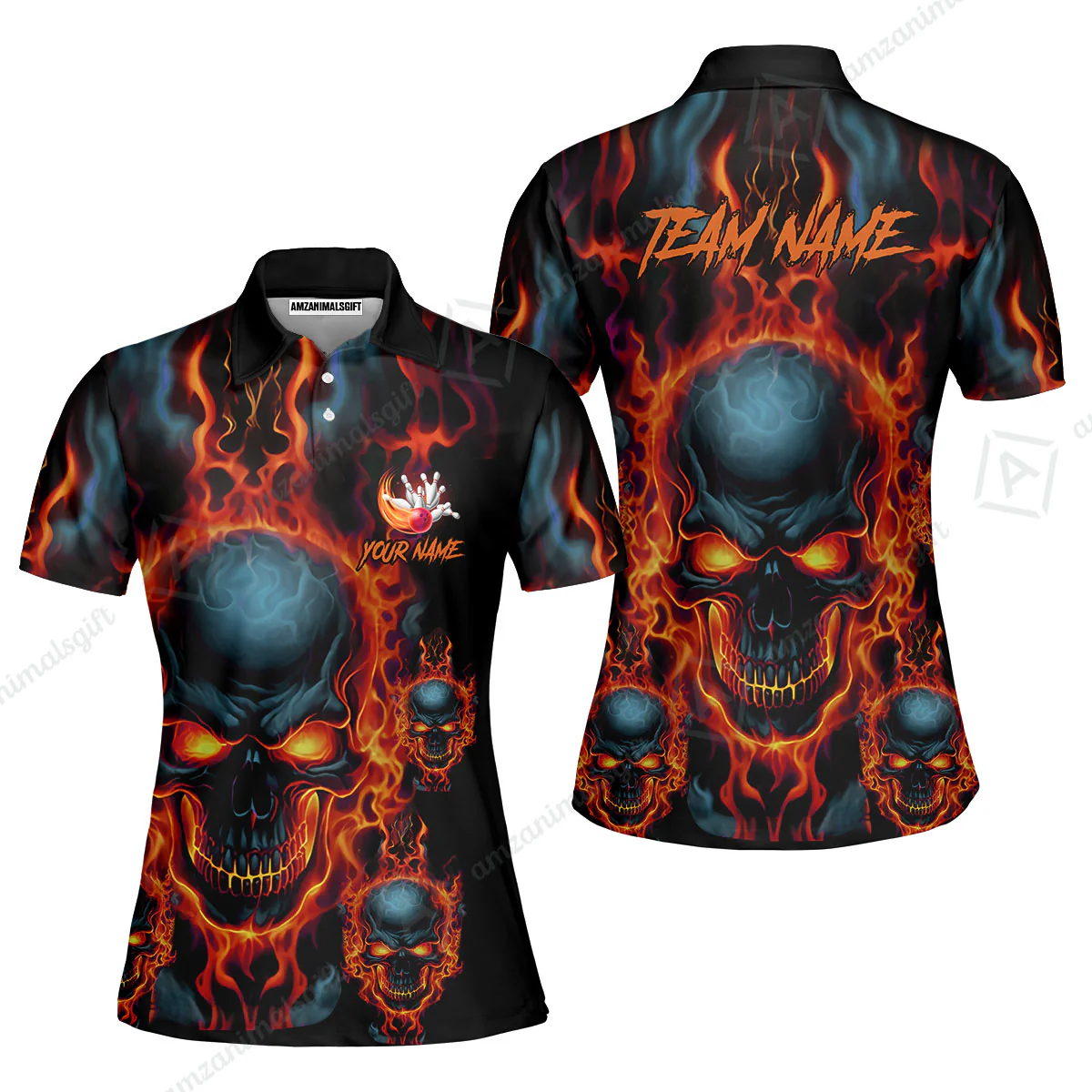 Bowling Customized Jersey Shirt Purple Flame Skull Bowling Tenpin Quarter Zip Shirt, Outfit For Bowlers, Bowling Team - Image 7