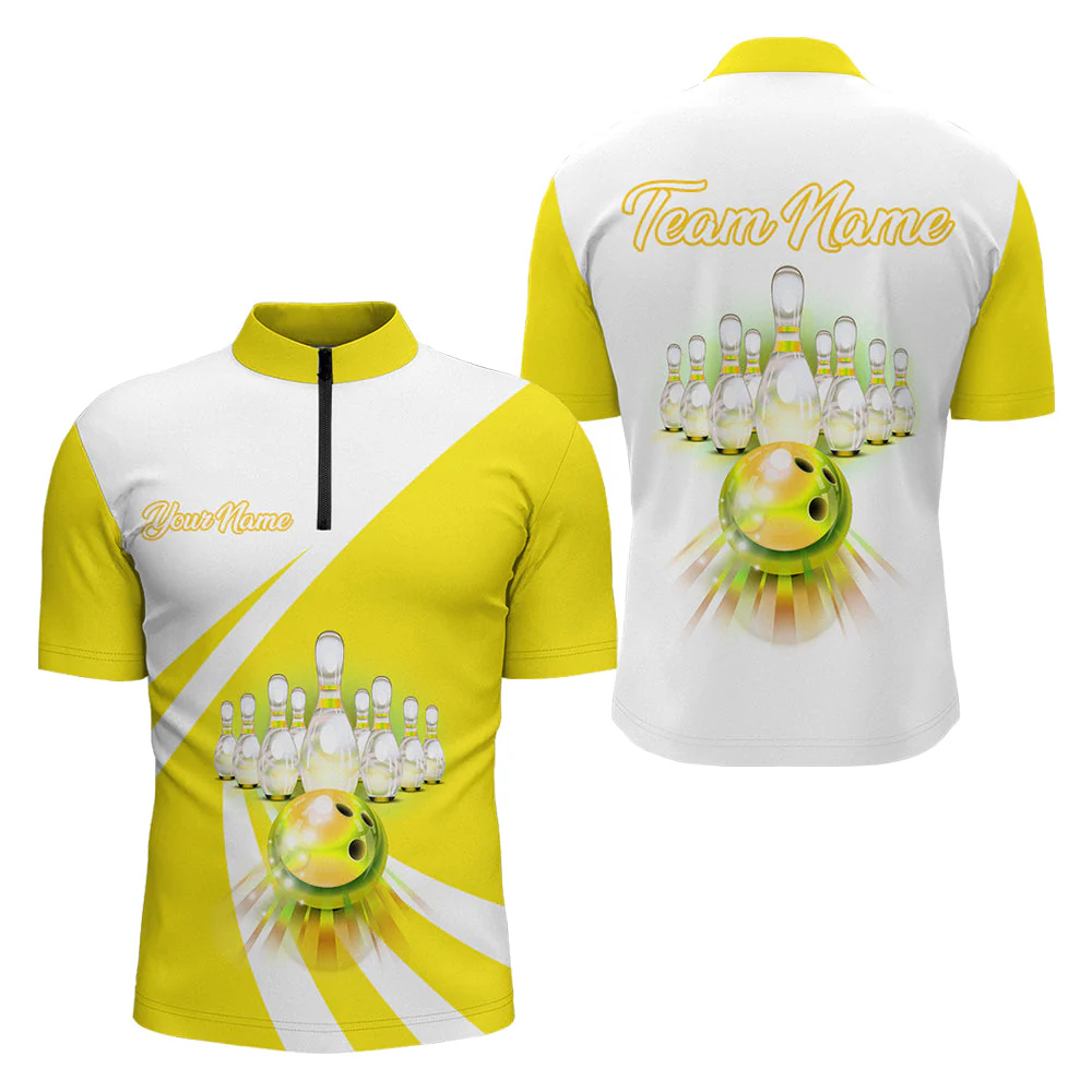Bowling Customized Jersey White Yellow Shirt Rolling Bowling Tenpin Quarter Zip Shirt, Outfit For Bowlers, Bowling Team - Image 13