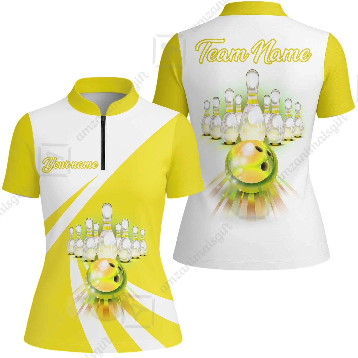 Bowling Customized Jersey White Yellow Shirt Rolling Bowling Tenpin Quarter Zip Shirt, Outfit For Bowlers, Bowling Team - Image 9