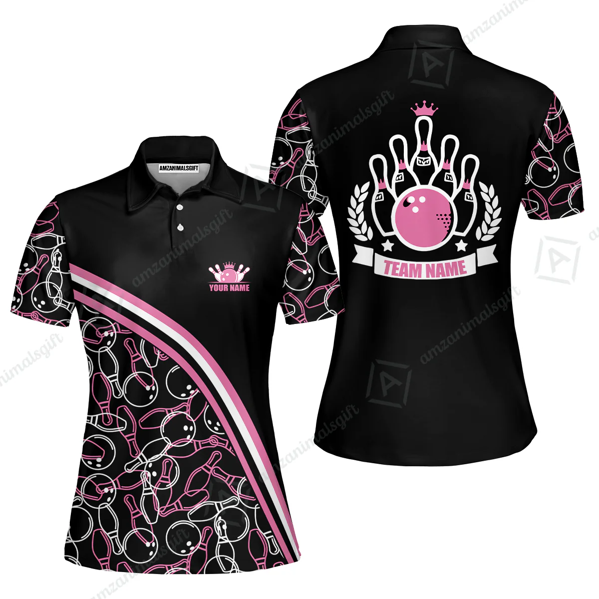 Bowling Customized Women Polo Shirt - Black Pink Bowling Pattern Personalized Bowling Polo Shirt - Gift For Friend, Family, Bowling Lovers - Image 3