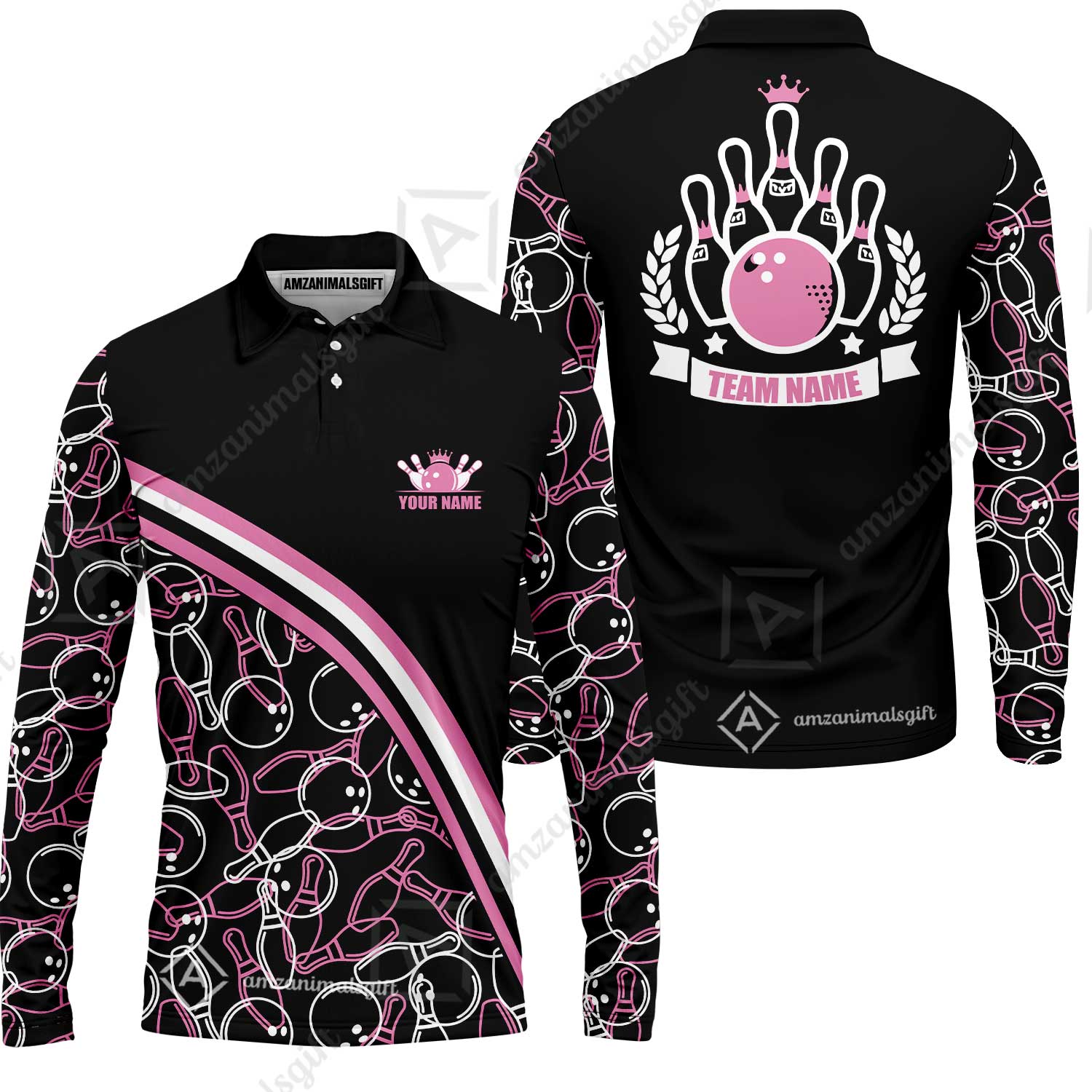 Bowling Customized Women Polo Shirt - Black Pink Bowling Pattern Personalized Bowling Polo Shirt - Gift For Friend, Family, Bowling Lovers - Image 9