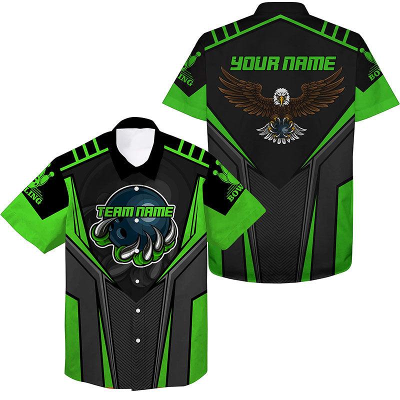 Bowling Eagle Custom Name And Team Name Hawaiian Shirt, Green Black Bowling Personalized Hawaiian Shirts For Men Women, Team, Bowling Lovers, Bowlers