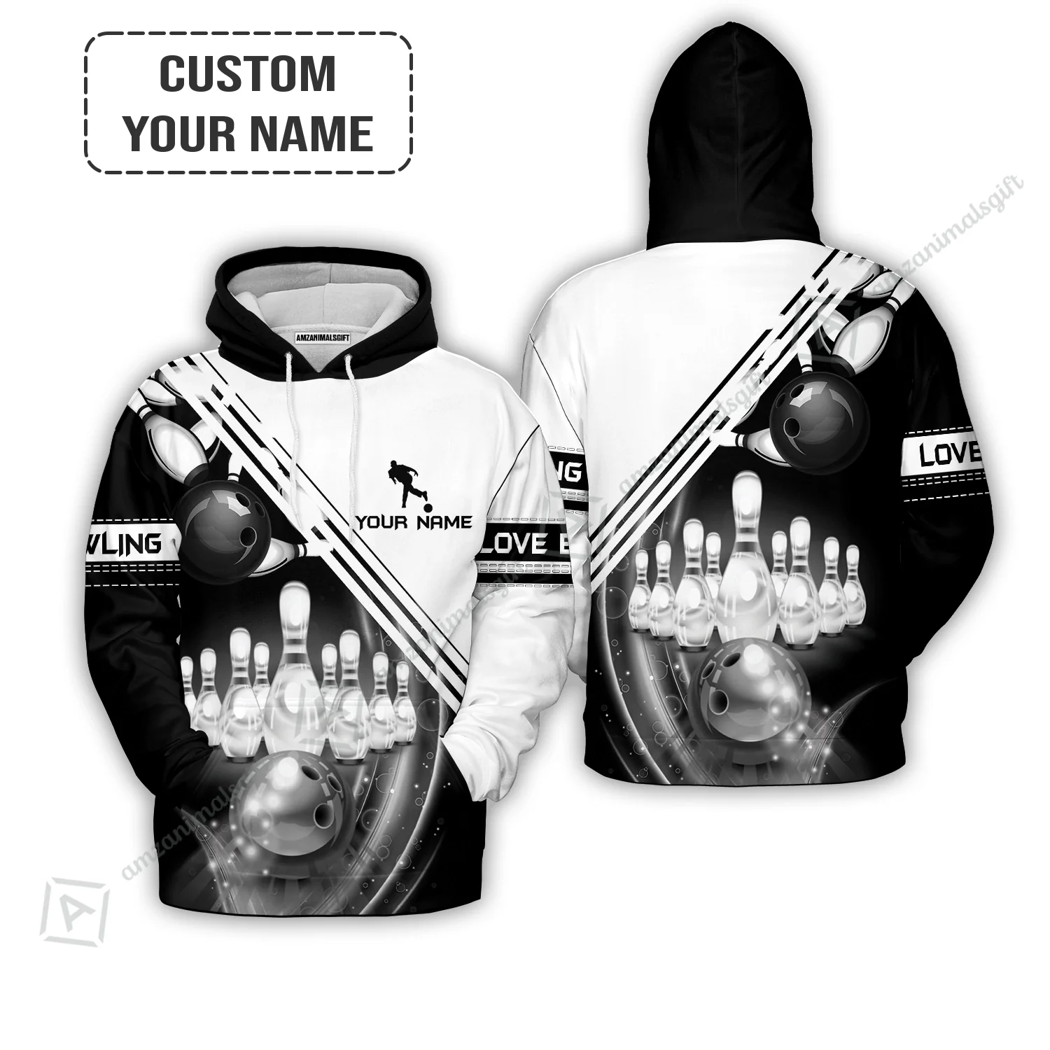 Bowling Hawaiian Shirt Custom Name - Black And White Bowling Ball In Motion And The Pins Personalized Aloha Hawaiian Shirt - Gift For Friend, Family, Bowling Lovers - Image 3