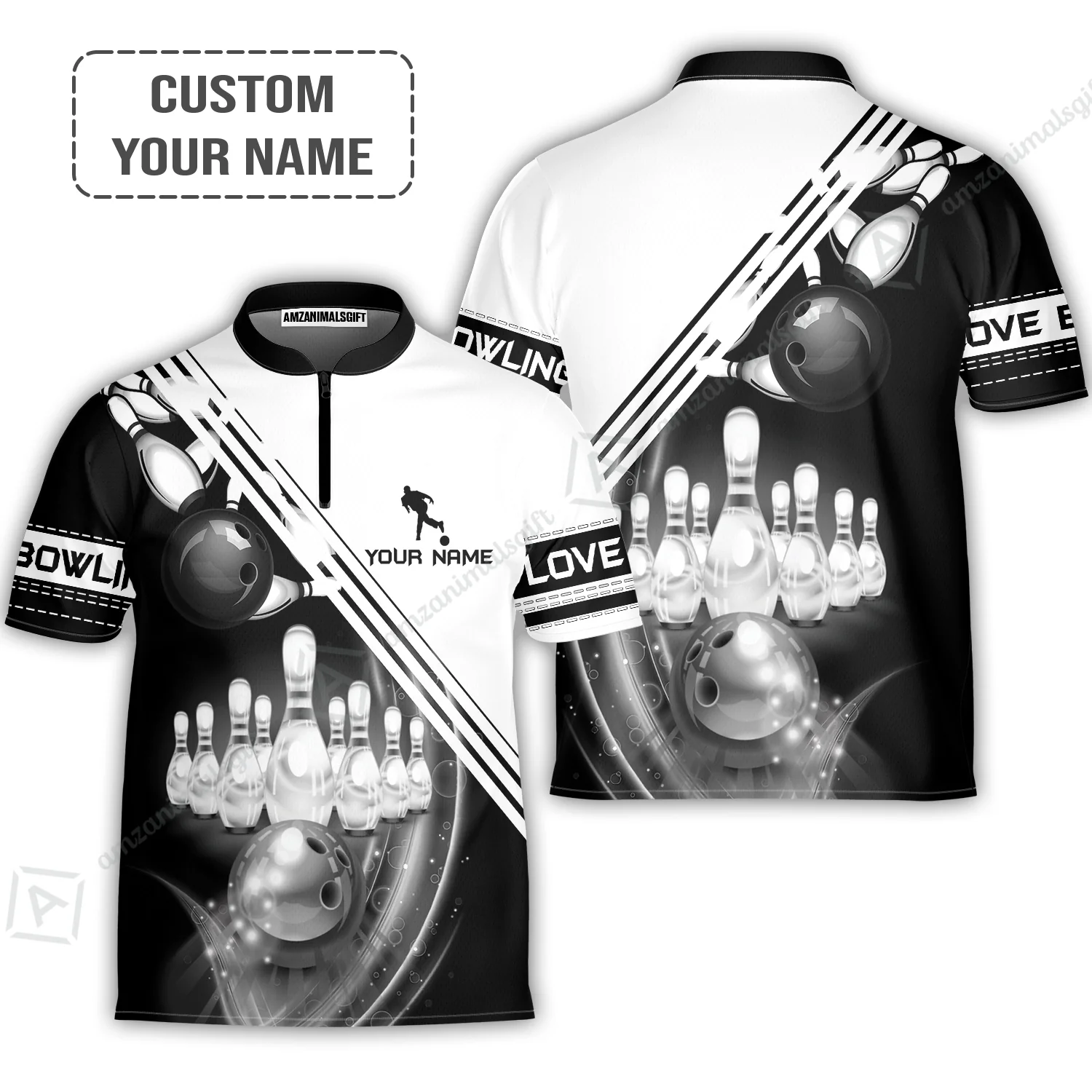Bowling Hawaiian Shirt Custom Name - Black And White Bowling Ball In Motion And The Pins Personalized Aloha Hawaiian Shirt - Gift For Friend, Family, Bowling Lovers - Image 4