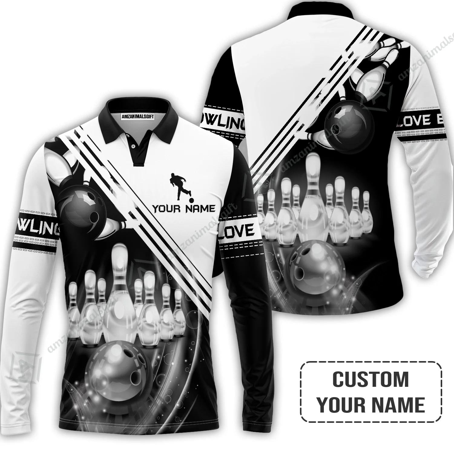 Bowling Hawaiian Shirt Custom Name - Black And White Bowling Ball In Motion And The Pins Personalized Aloha Hawaiian Shirt - Gift For Friend, Family, Bowling Lovers - Image 5