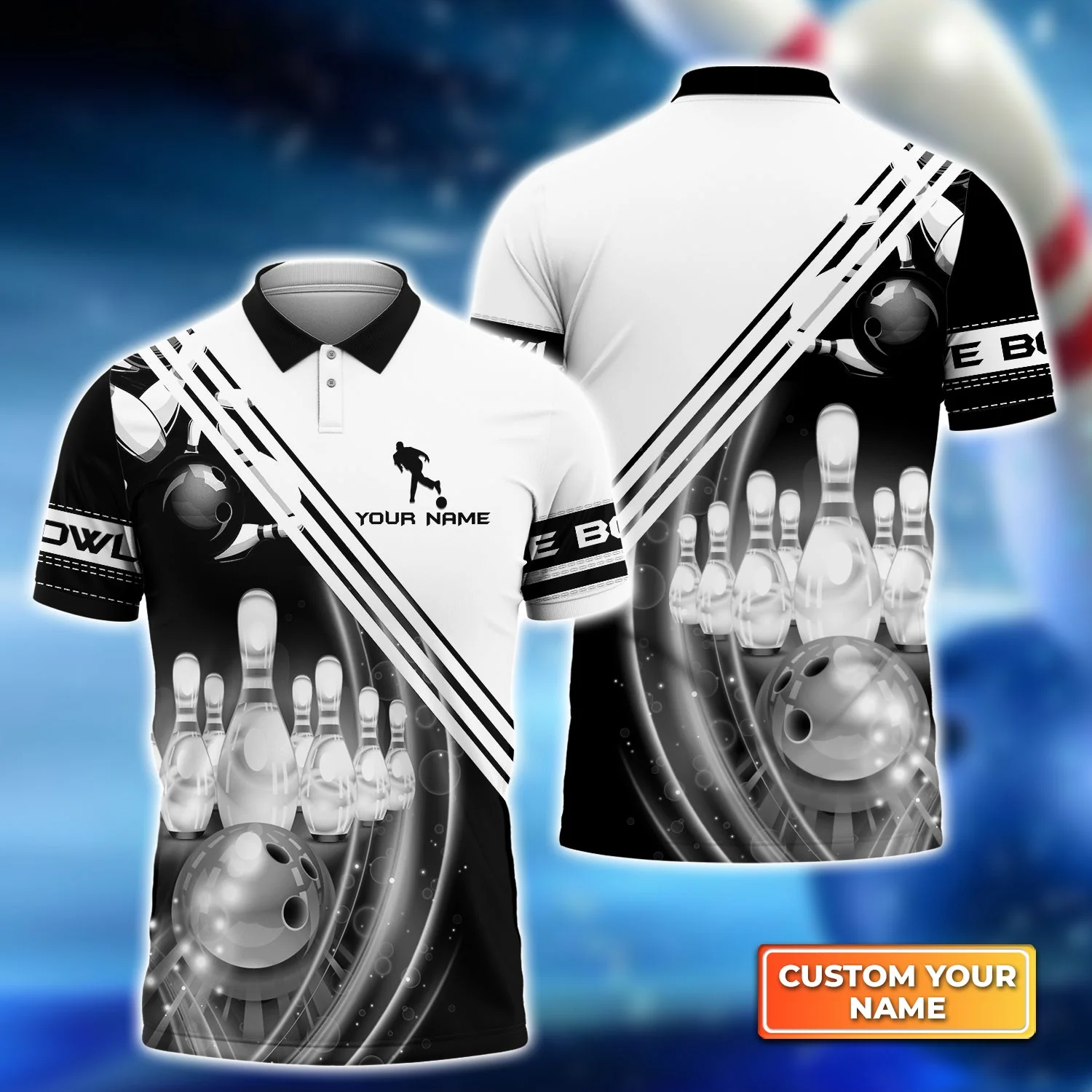 Bowling Hawaiian Shirt Custom Name - Black And White Bowling Ball In Motion And The Pins Personalized Aloha Hawaiian Shirt - Gift For Friend, Family, Bowling Lovers - Image 6