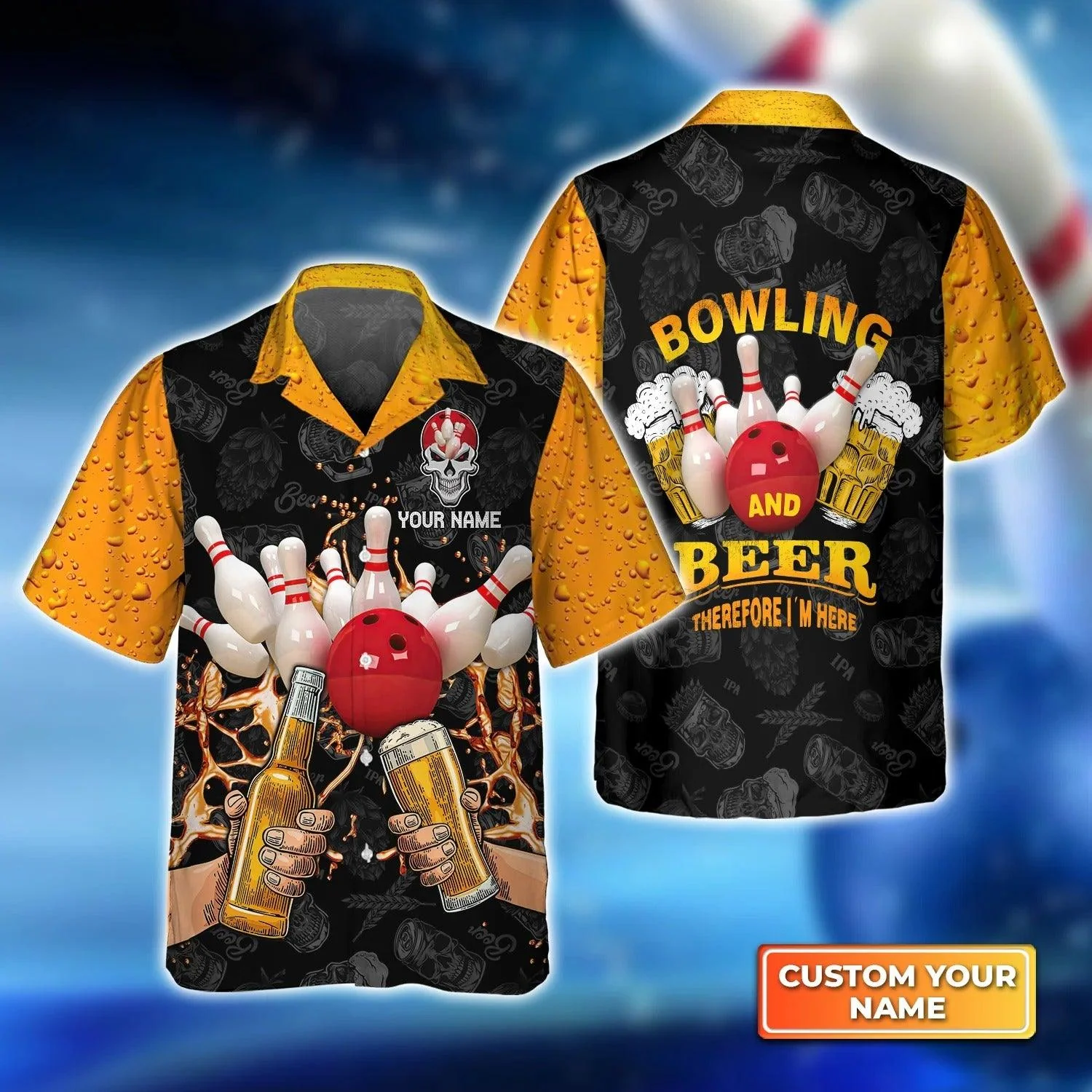 Bowling Hawaiian Shirt Custom Name - Bowling and Beer Therefore I'm Here Personalized Aloha Hawaiian Shirt - Gift For Friend, Family, Bowling Lovers
