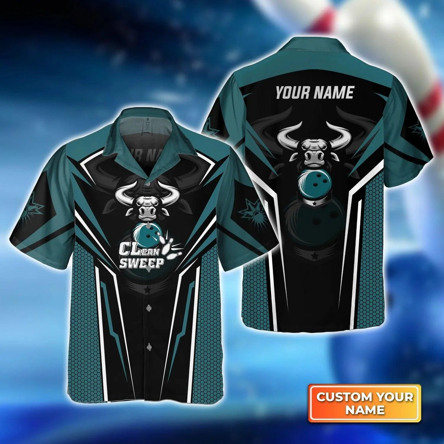Bowling Hawaiian Shirt Custom Name - Bowling Bull Clean Sweep Turquoise Black Personalized Aloha Hawaiian Shirt - Gift For Friend, Family, Bowling Lovers