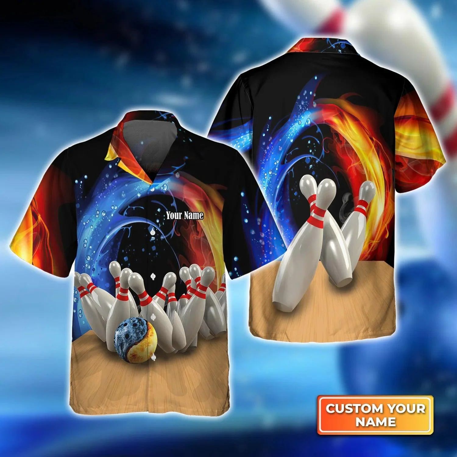 Bowling Hawaiian Shirt Custom Name - Bowling Game Strike Water and Fire Personalized Aloha Hawaiian Shirt - Gift For Friend, Family, Bowling Lovers