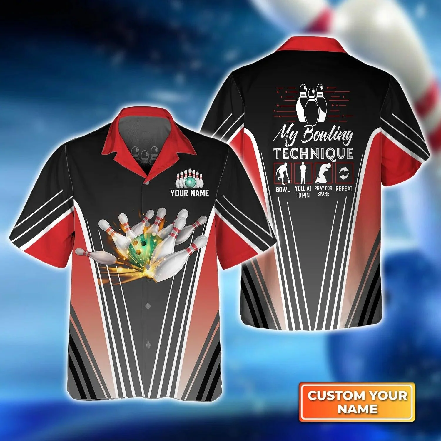 Bowling Hawaiian Shirt Custom Name - Bowling In Red My Bowling Technique Personalized Aloha Hawaiian Shirt - Gift For Friend, Family, Bowling Lovers