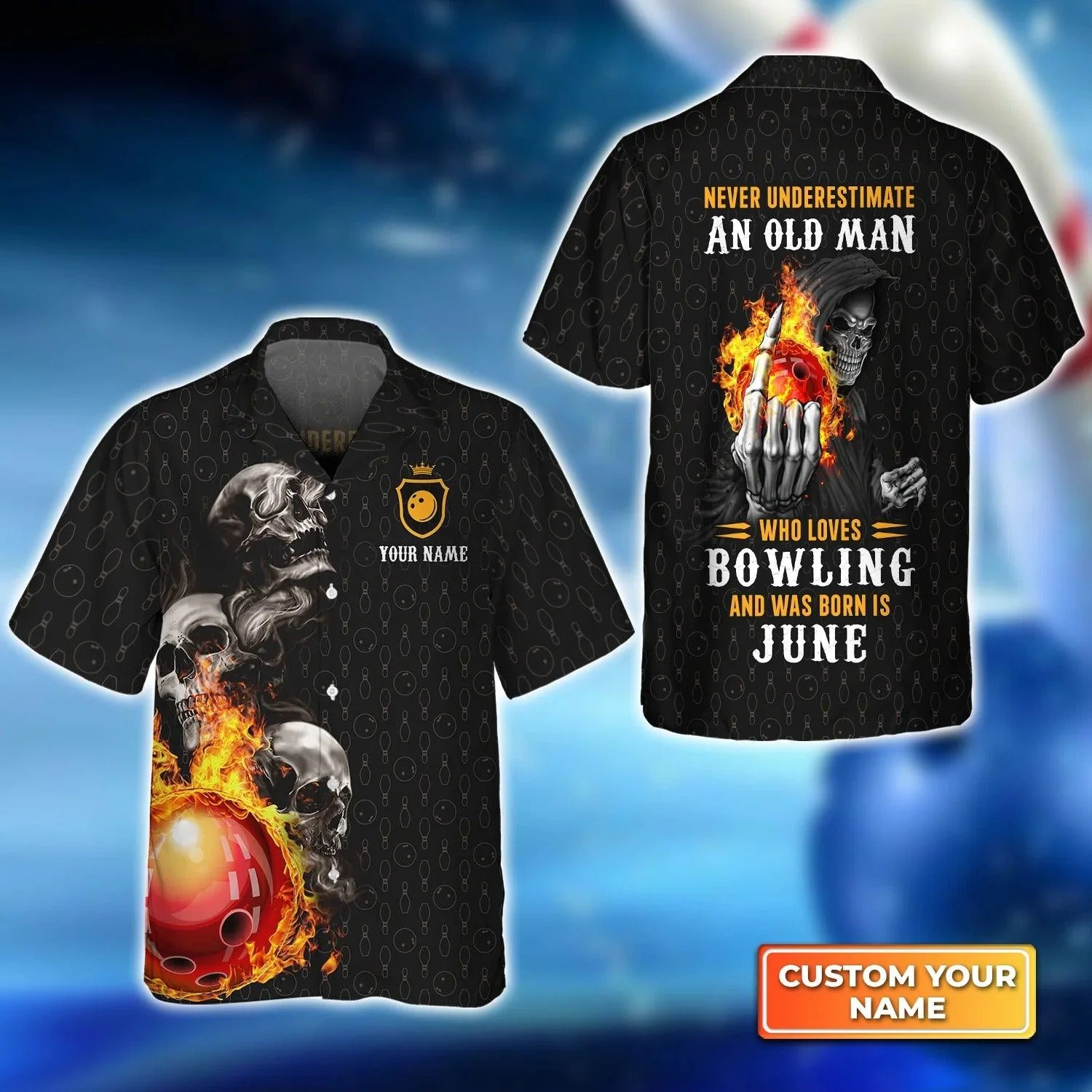 Bowling Hawaiian Shirt Custom Name, Bowling Skull Who Loves Bowling And Was Born In June Personalized Aloha Hawaiian Shirts - Gift For Bowling Lovers, Friend, Family
