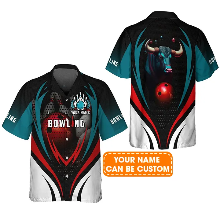 Bowling Hawaiian Shirt Custom Name - Bull Bowling Team With Red Ball Personalized Aloha Hawaiian Shirt - Gift For Friend, Family, Bowling Lovers - Image 2