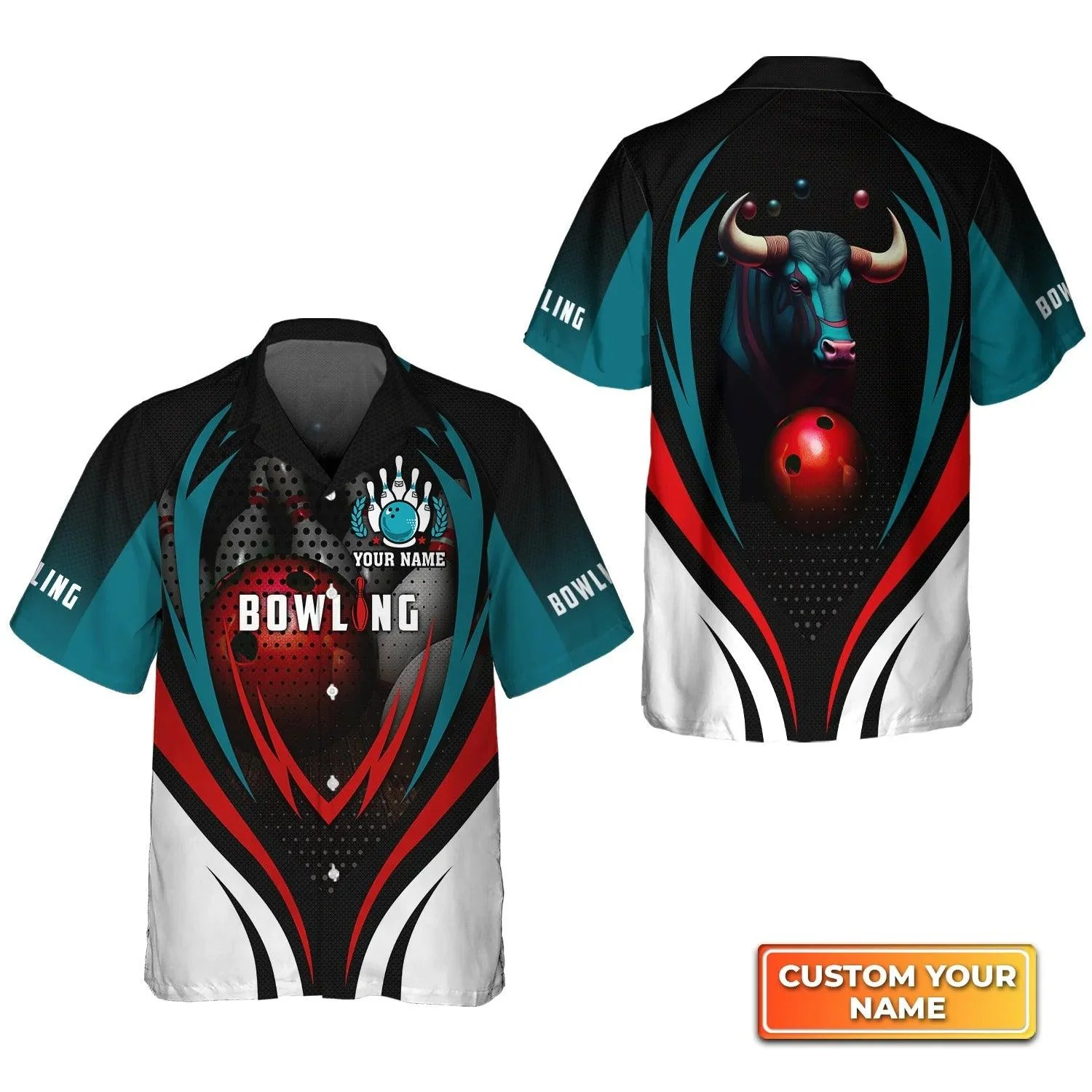 Bowling Hawaiian Shirt Custom Name - Bull Bowling Team With Red Ball Personalized Aloha Hawaiian Shirt - Gift For Friend, Family, Bowling Lovers - Image 3