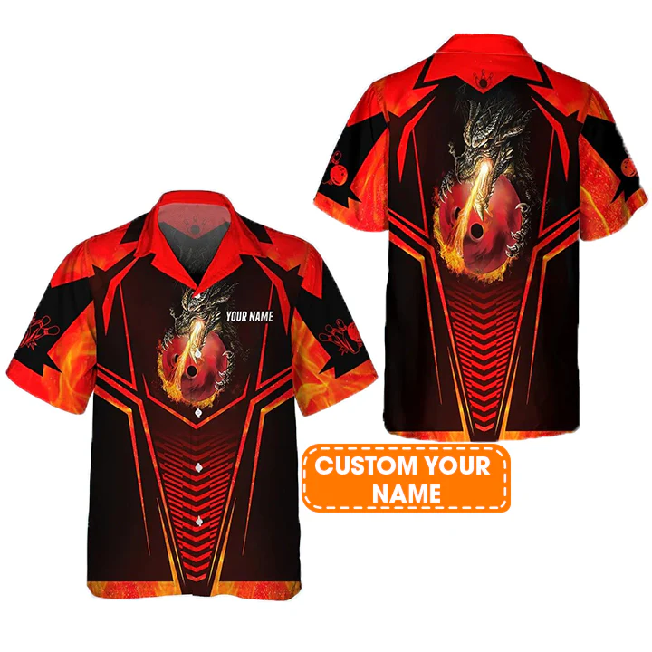 Bowling Hawaiian Shirt Custom Name - Dragon Fire Flame Personalized Aloha Hawaiian Shirt - Gift For Friend, Family, Bowling Lovers - Image 2