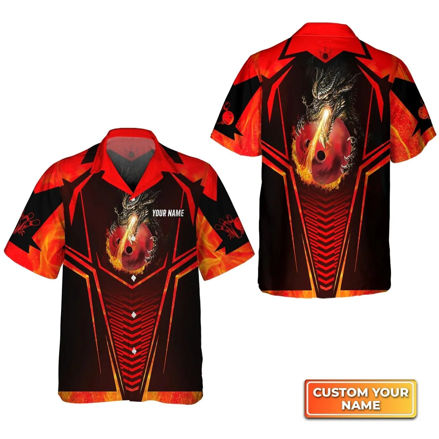 Bowling Hawaiian Shirt Custom Name - Dragon Fire Flame Personalized Aloha Hawaiian Shirt - Gift For Friend, Family, Bowling Lovers - Image 3