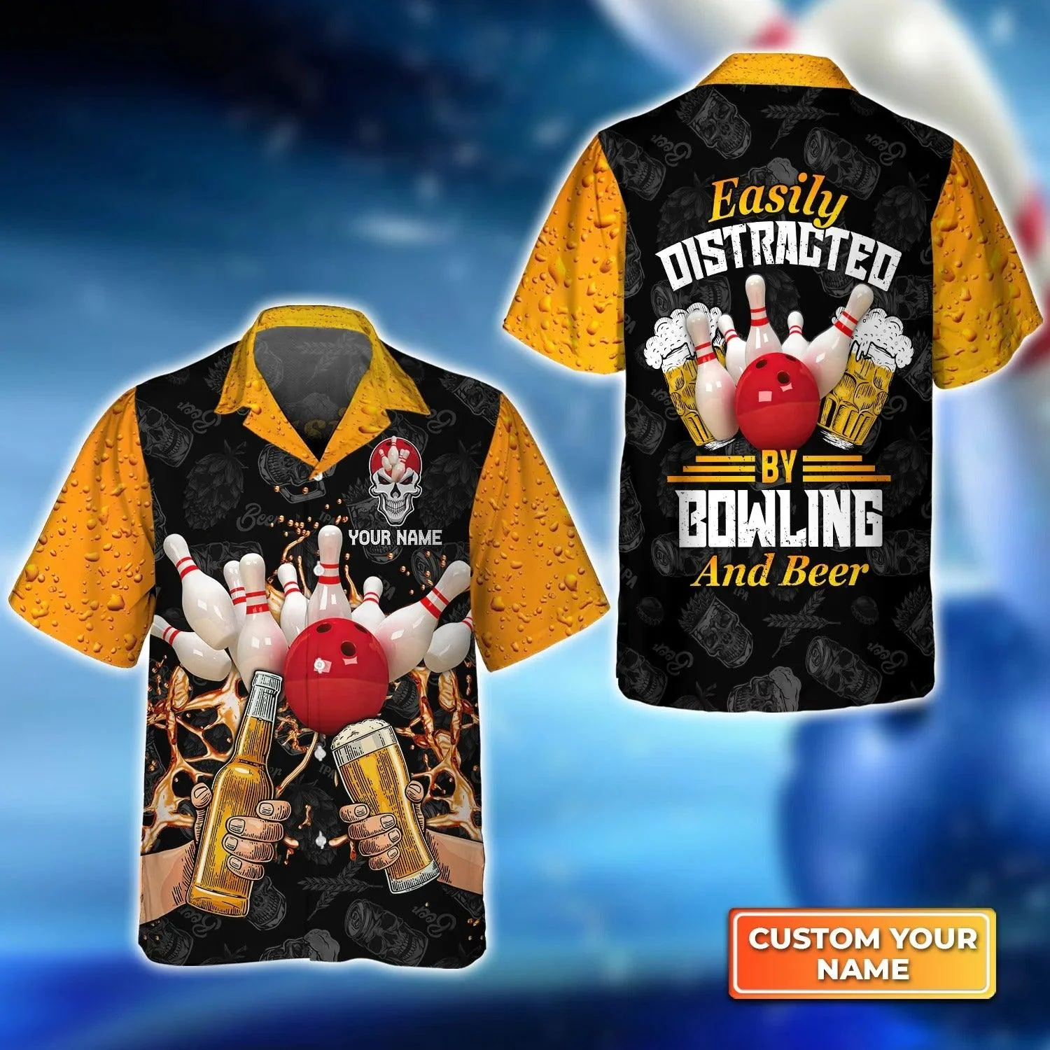 Bowling Hawaiian Shirt Custom Name, Easily Distracted By Bowling And Beer Personalized Aloha Hawaiian Shirts - Gift For Bowling Lovers, Friend, Family