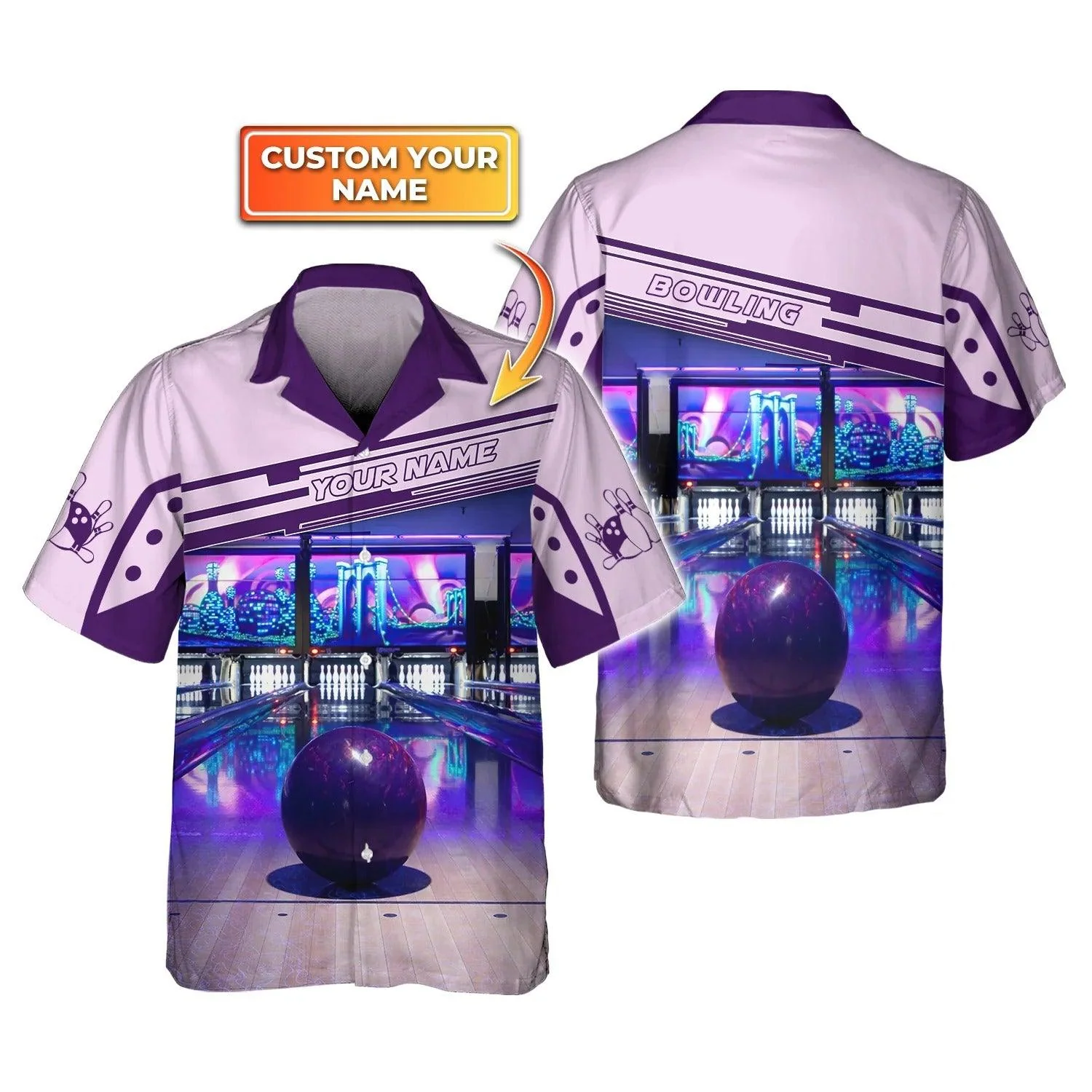 Bowling Hawaiian Shirt Custom Name - Purple Bowling Ball Personalized Aloha Hawaiian Shirt - Gift For Friend, Family, Bowling Lovers - Image 2