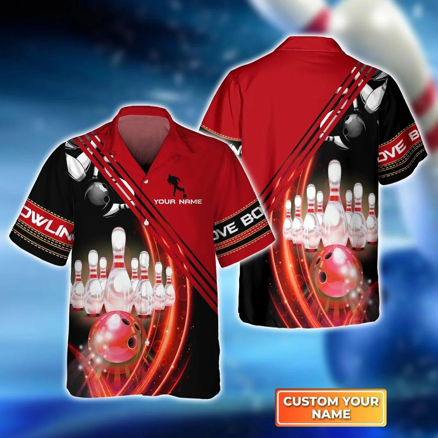 Bowling Hawaiian Shirt Custom Name - Red Bowling Ball in Motion and the Pins Personalized Aloha Hawaiian Shirt - Gift For Friend, Family, Bowling Lovers