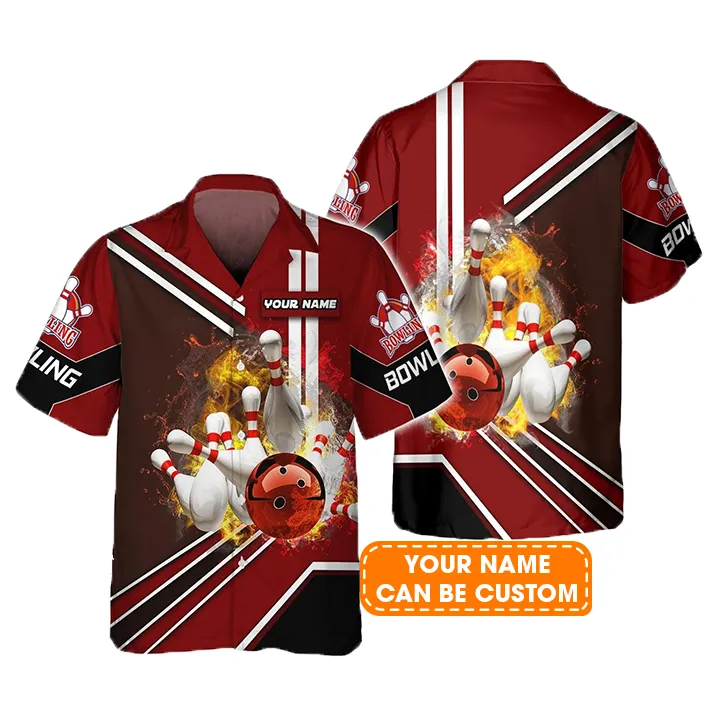 Bowling Hawaiian Shirt Custom Name - Red Bowling Ball On Fire Crashing Pins Personalized Aloha Hawaiian Shirt - Gift For Friend, Family, Bowling Lovers - Image 2