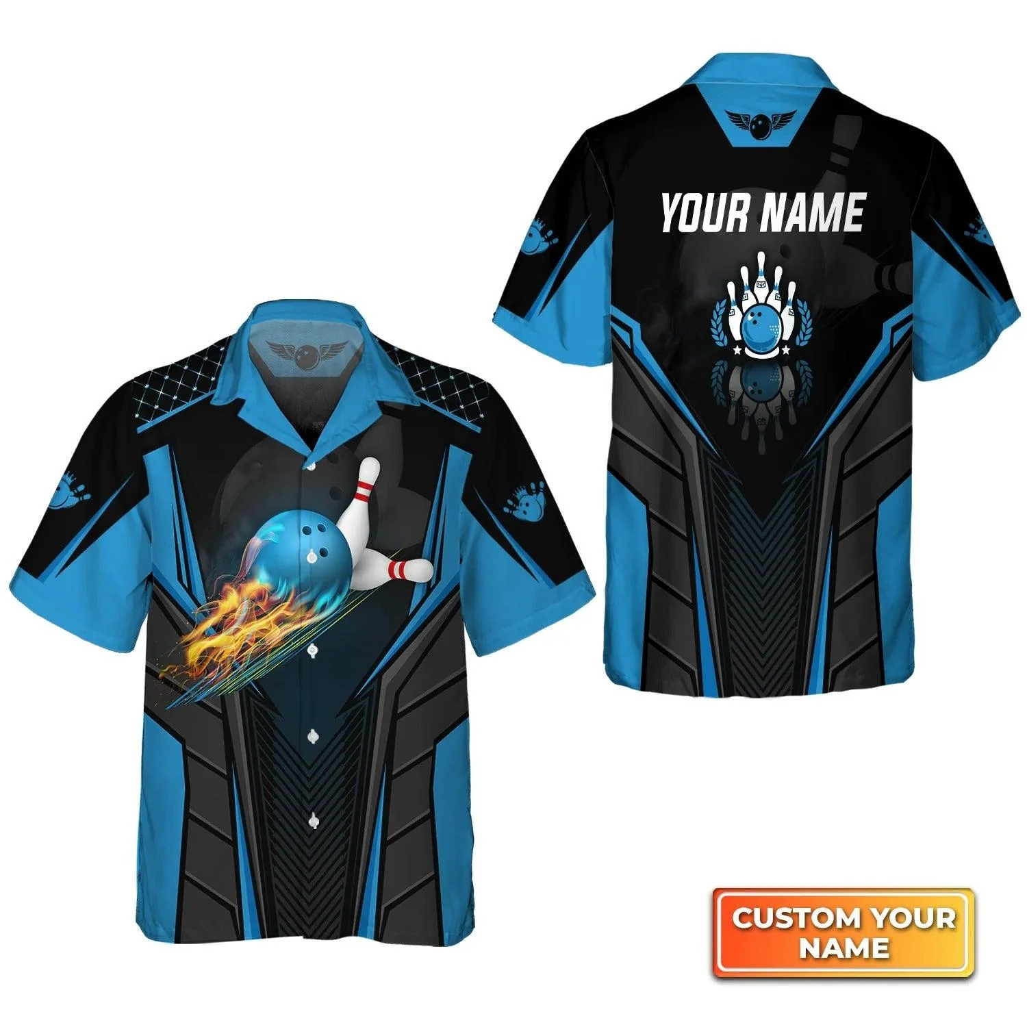 Bowling Hawaiian Shirt Custom Name - The Blue Bowling Ball in Flames Breaks White Skittles Personalized Aloha Hawaiian Shirt - Gift For Friend, Family, Bowling Lovers - Image 3
