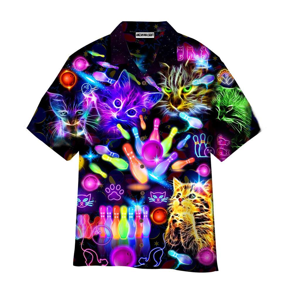 Bowling Hawaiian Shirt, Neon Kitty Play Bowling In The Dark Aloha Hawaiian Shirts For Men and Women - Gift For Bowling Lovers, Friend, Family