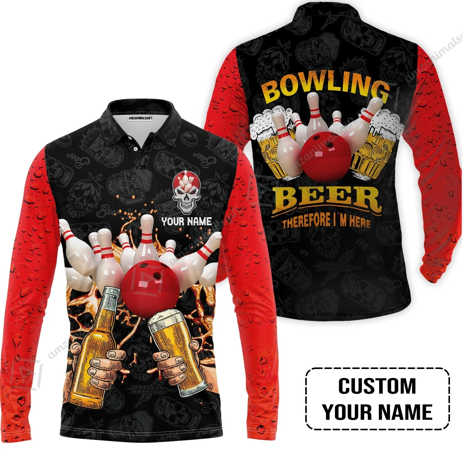 Bowling Jersey Custom Name, Bowling and Beer Black Red Therefore I'm Here Personalized Bowling Jersey - Image 3