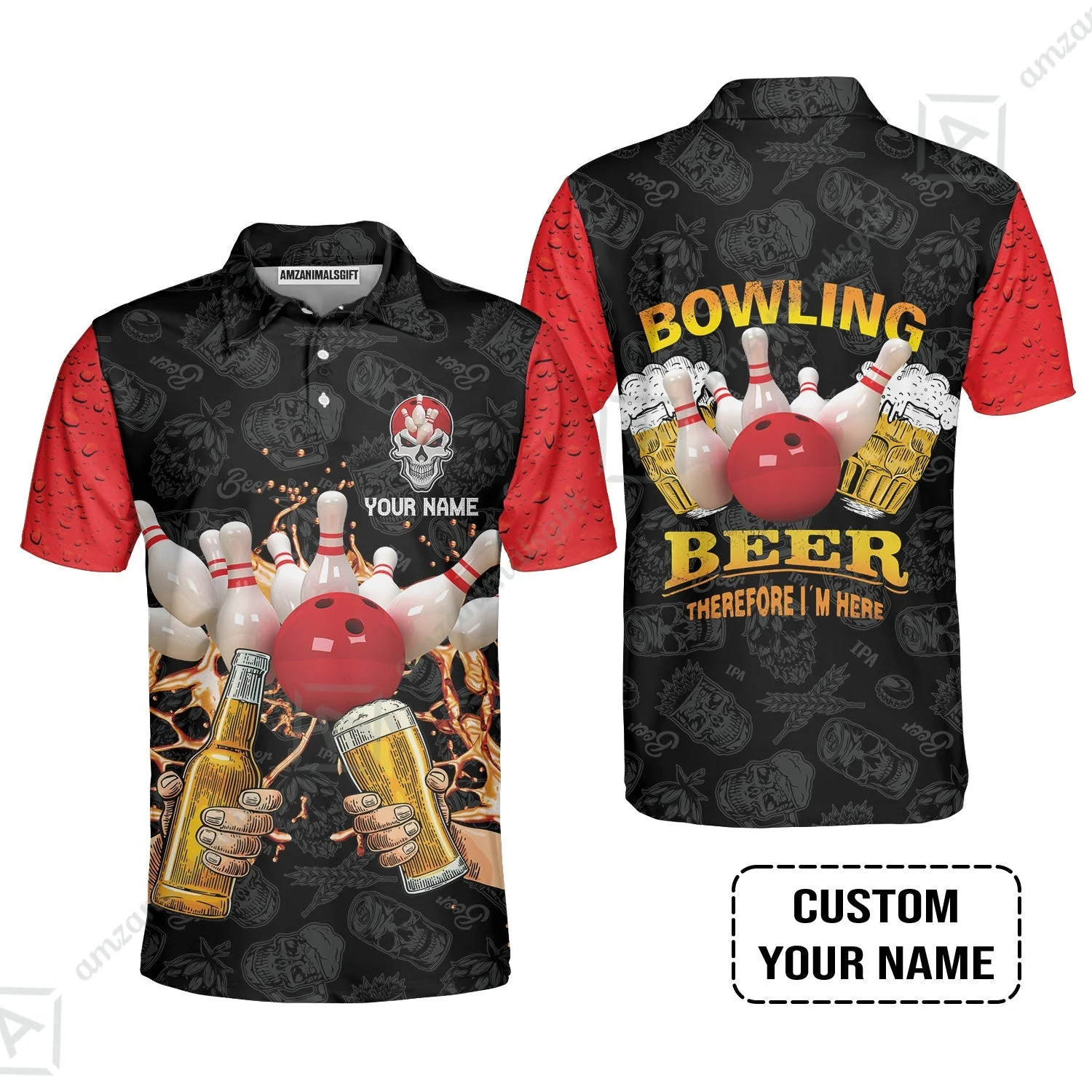 Bowling Jersey Custom Name, Bowling and Beer Black Red Therefore I'm Here Personalized Bowling Jersey - Image 4