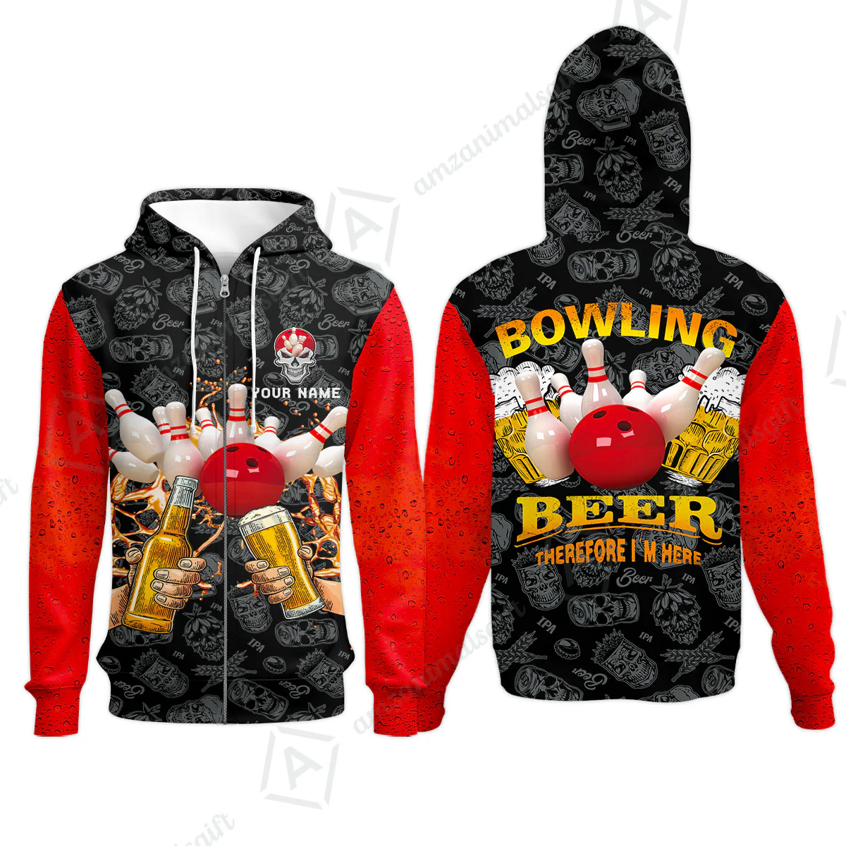 Bowling Long Polo Shirt Custom Name, Bowling and Beer Black Red Therefore I'm Here Personalized Long Polo Shirt - Image 11