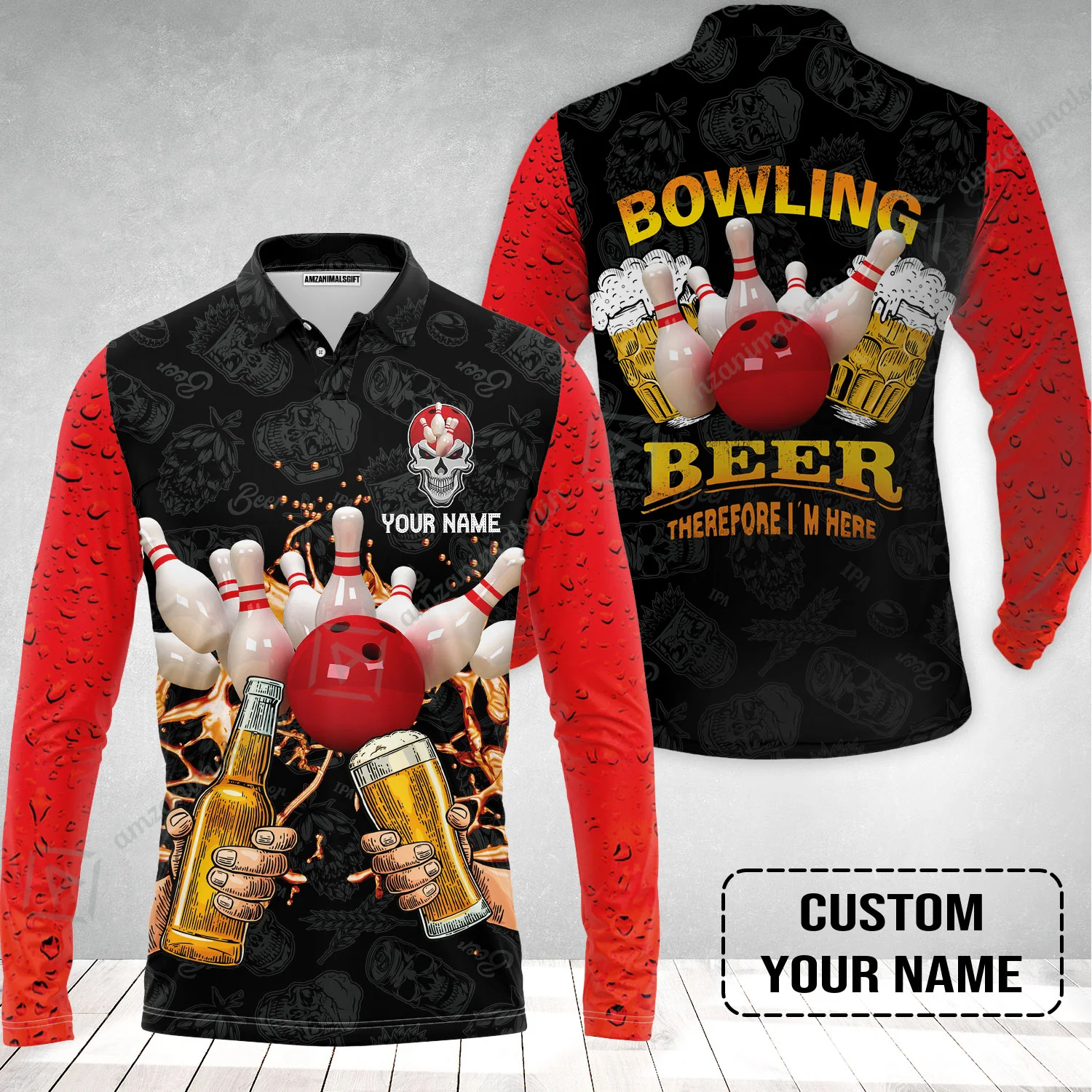 Bowling Long Polo Shirt Custom Name, Bowling and Beer Black Red Therefore I'm Here Personalized Long Polo Shirt - Image 2