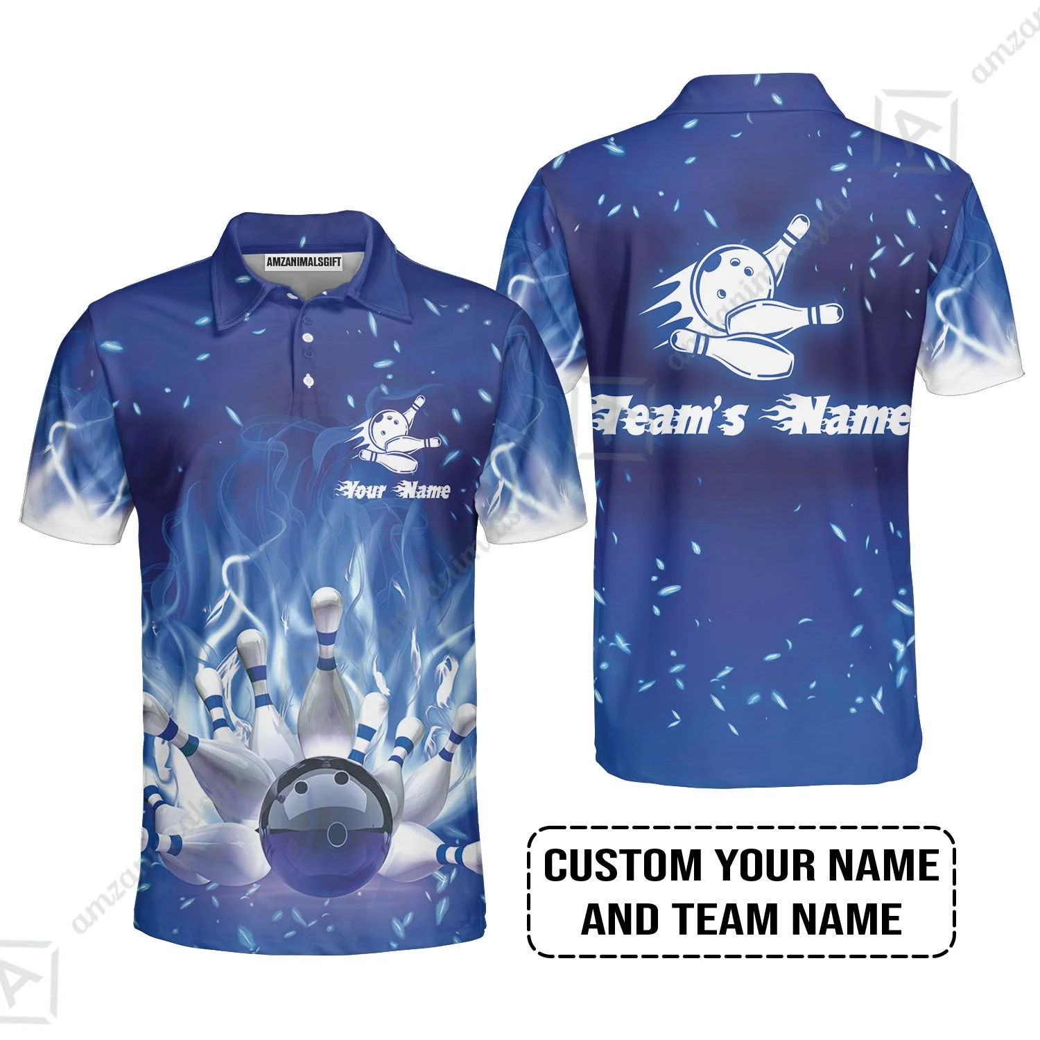 Bowling Long Polo Shirt Custom Name - Bowling On Blue Fire Personalized Bowling Long Polo Shirt - Image 3