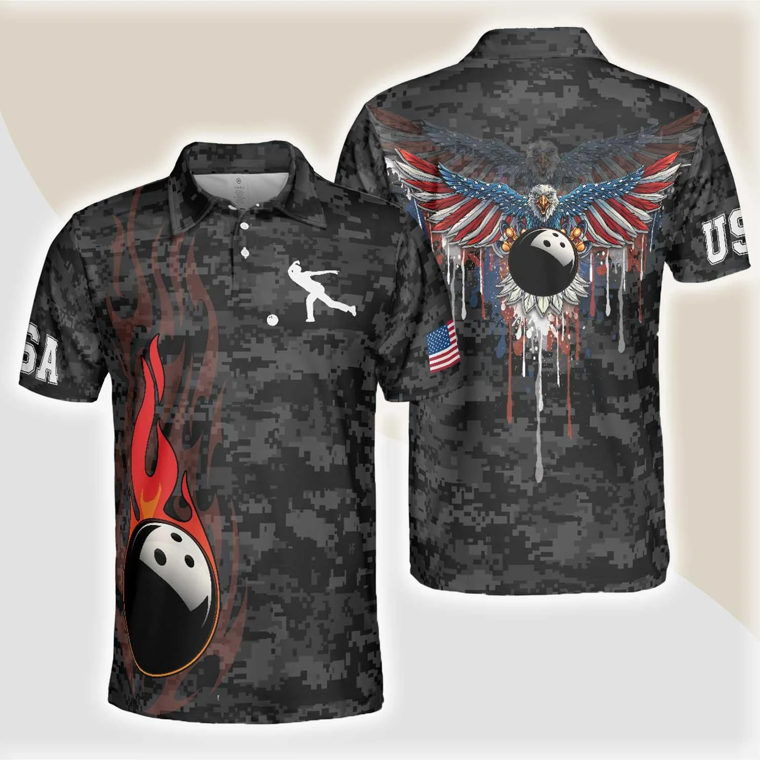 Bowling Men Polo Shirt - Camouflage USA Flag, America Eagle Patriotic Bowling Polo Shirt For Men - Perfect Gift For Friend, Family, Bowling Lovers