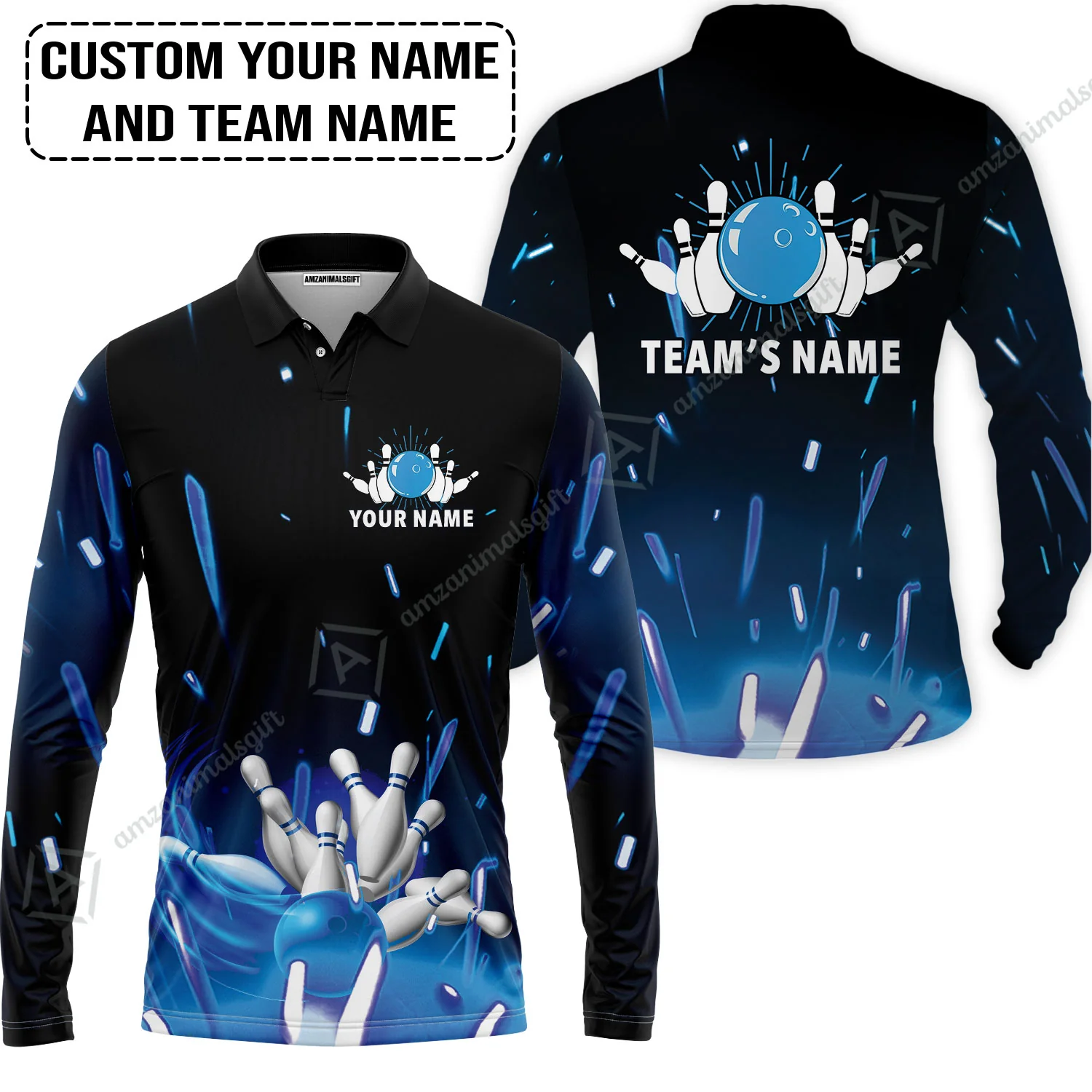 Bowling Men Polo Shirt Custom Name - Blue Bowling Personalized Bowling Polo Shirt - Gift For Friend, Family, Bowling Lovers - Image 3