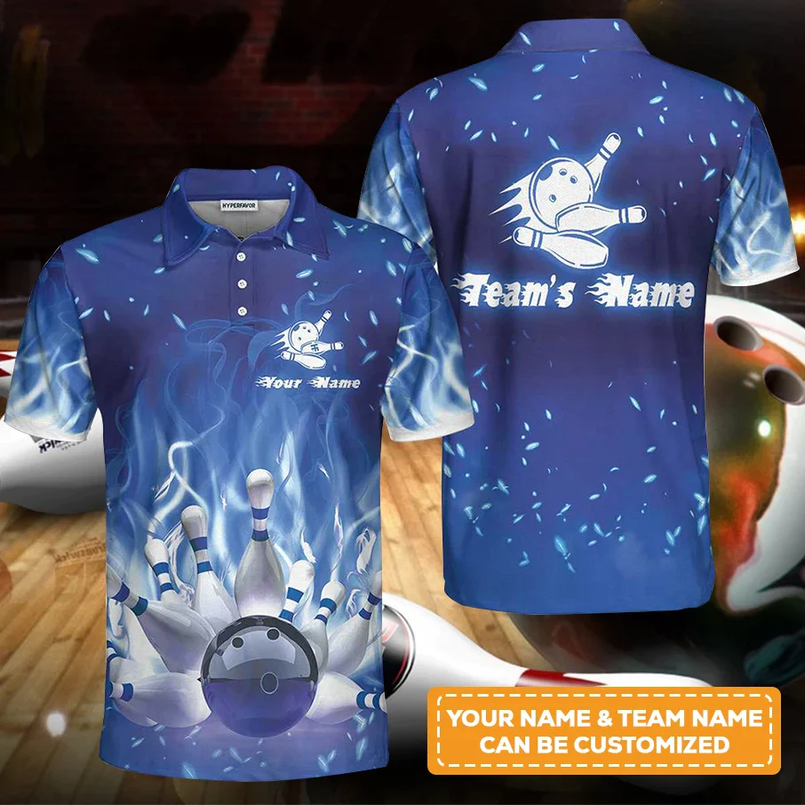 Bowling Men Polo Shirt Custom Name - Bowling On Blue Fire Personalized Bowling Polo Shirt - Gift For Friend, Family, Bowling Lovers