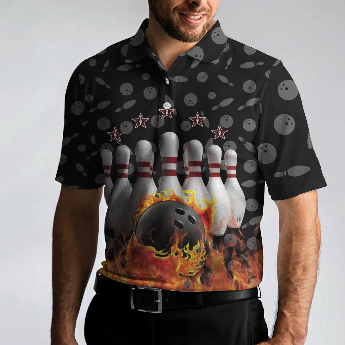 Bowling Men Polo Shirt Custom Name - Bowling Skull Flame Personalized Bowling Polo Shirt - Gift For Friend, Family, Bowling Lovers - Image 2