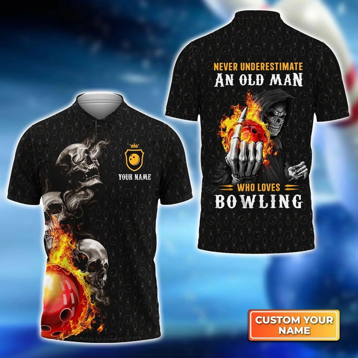 Bowling Men Polo Shirt Custom Name -Bowling Skull Never Underestimate An Old Man Personalized Bowling Polo Shirt - Gift For Friend, Family, Bowling Lovers
