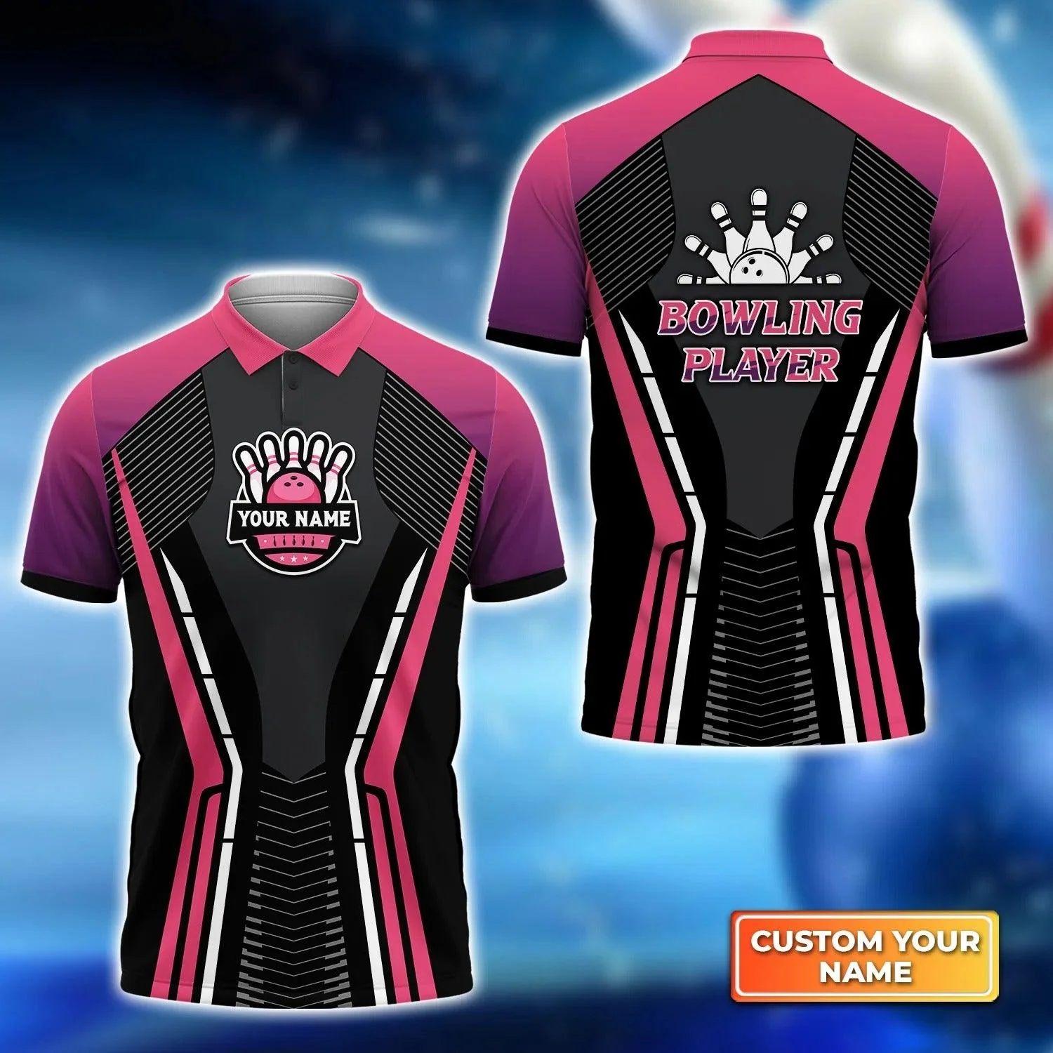 Bowling Men Polo Shirt Custom Name - Bowling Strike Black Pink Personalized Name Polo Shirt For Men, Bowler, Friend, Family