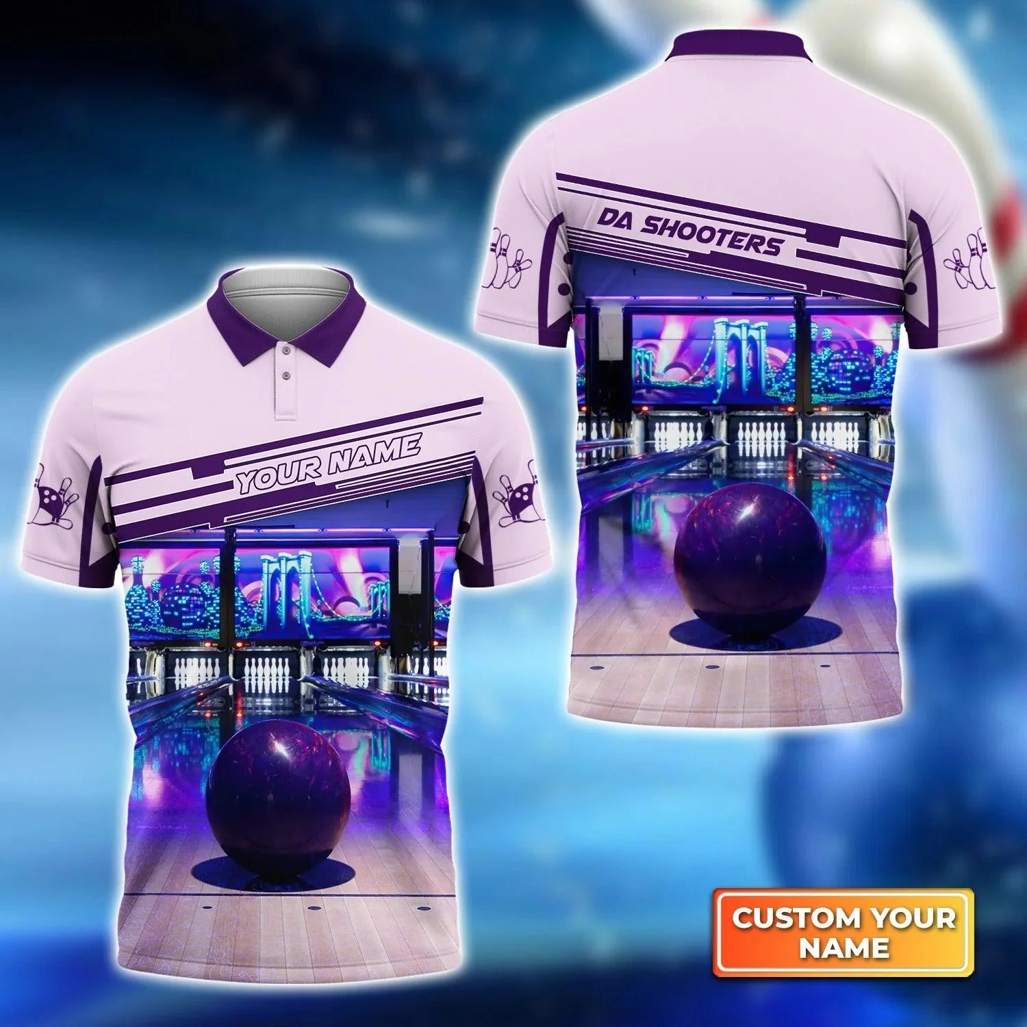 Bowling Men Polo Shirt Custom Name - DA SHOOTERS Purple Bowling Ball Personalized Name Polo Shirt For Men, Bowler, Friend, Family