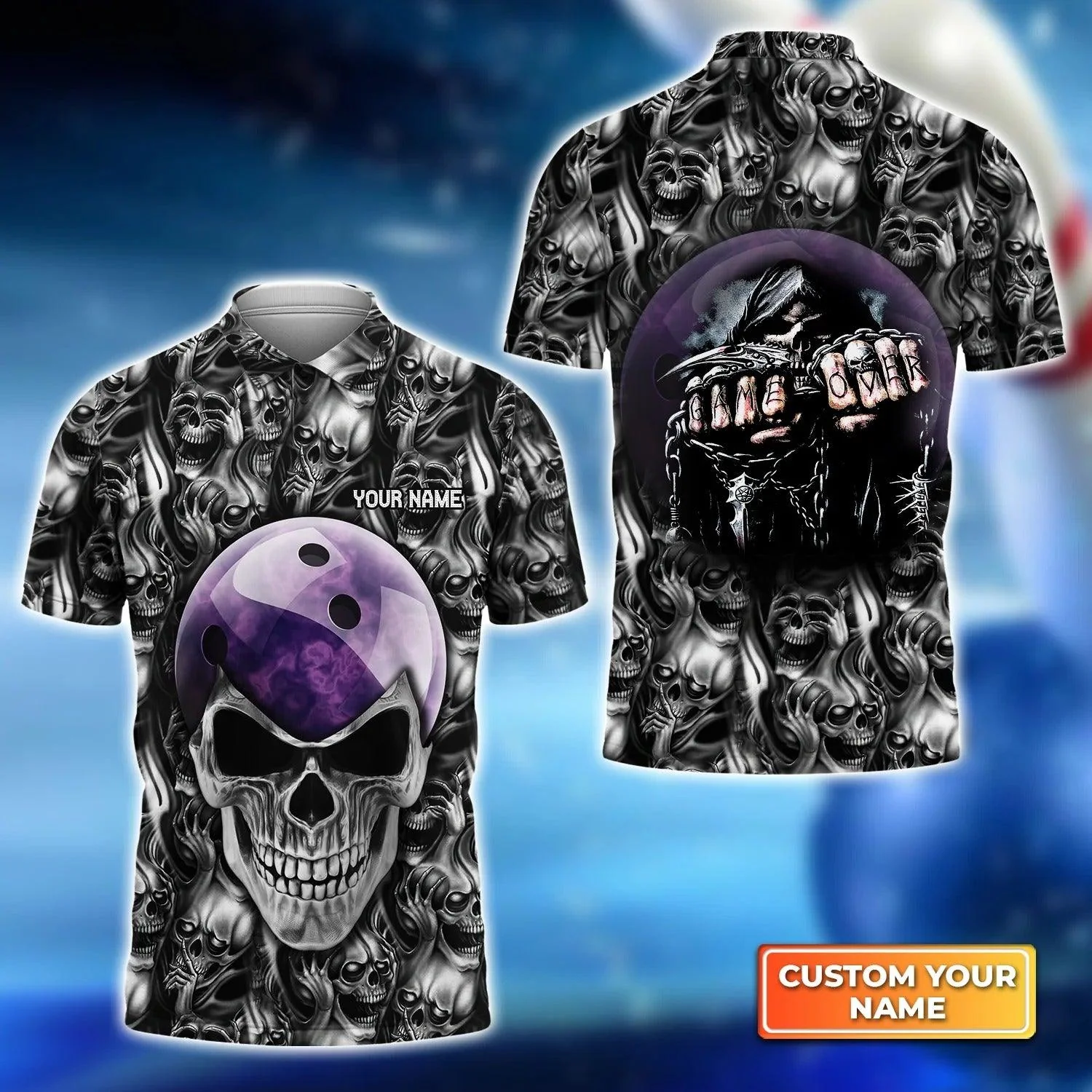 Bowling Men Polo Shirt Custom Name - Purple Skull Bowling Ball Personalized Bowling Polo Shirt - Gift For Friend, Family, Bowling Lovers