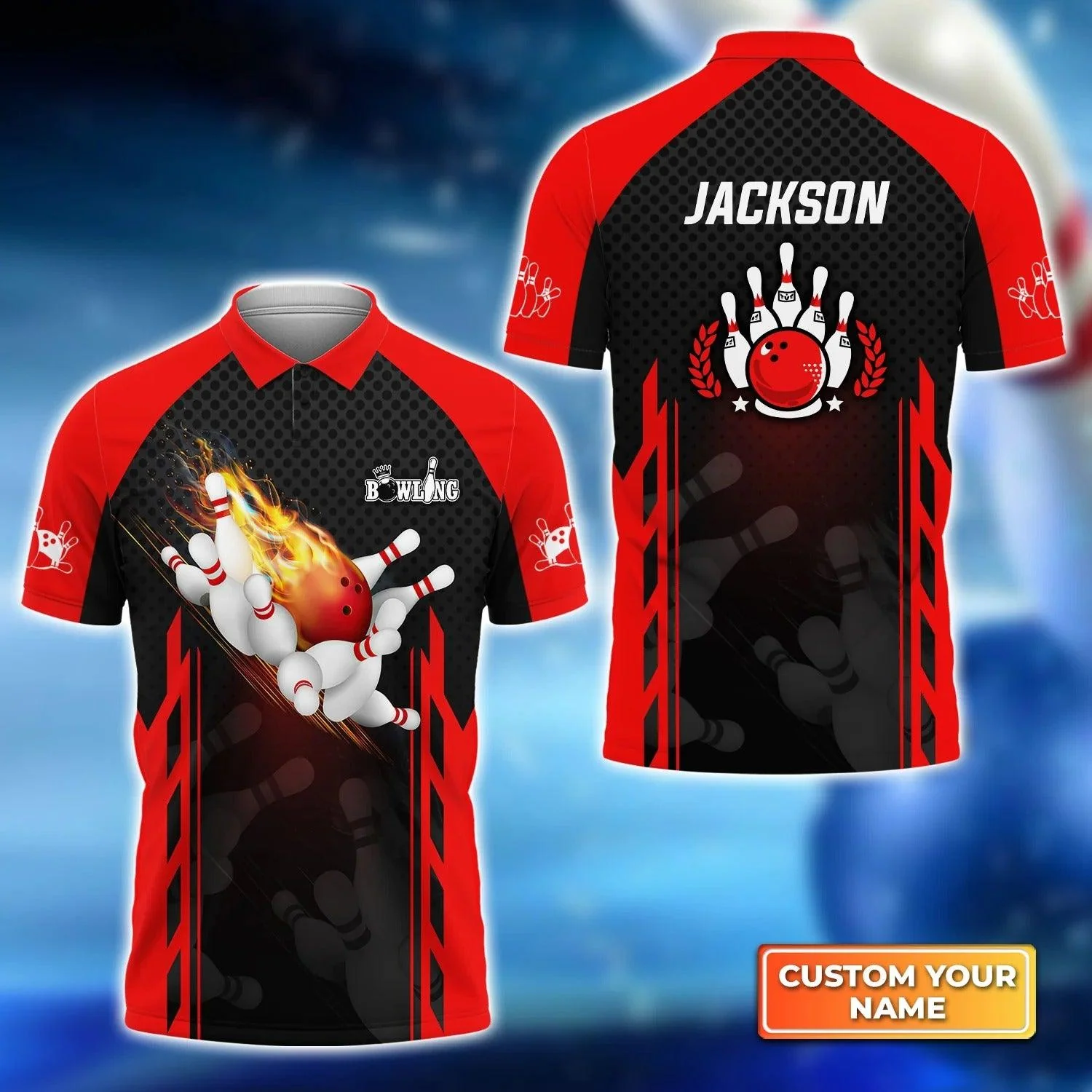 Bowling Men Polo Shirt Custom Name - Red Bowling Ball On Fire Personalized Name Polo Shirt For Men, Bowler, Friend, Family