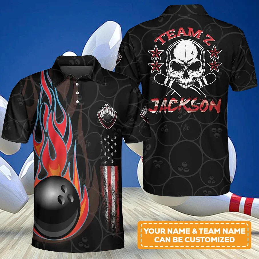 Bowling Men Polo Shirt Custom Name - Skull American Flag Personalized Bowling Polo Shirt - Gift For Friend, Family, Bowling Lovers