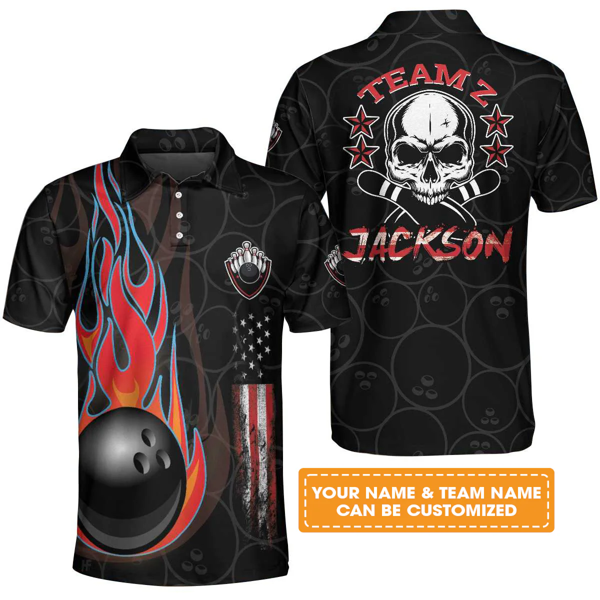 Bowling Men Polo Shirt Custom Name - Skull American Flag Personalized Bowling Polo Shirt - Gift For Friend, Family, Bowling Lovers - Image 2