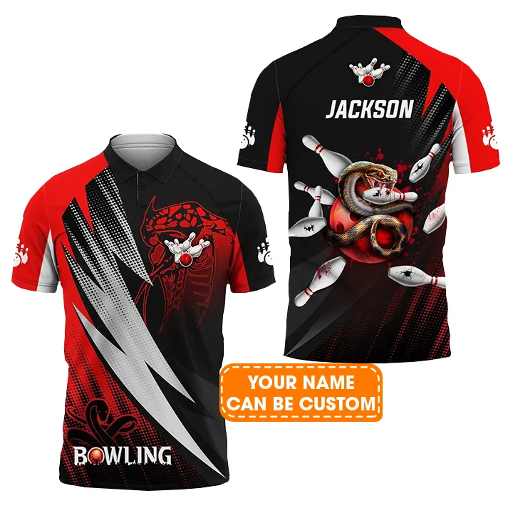Bowling Men Polo Shirt Custom Name - Strike Bloody Snake Bowling Ball On Fire Personalized Bowling Polo Shirt - Gift For Friend, Family, Bowling Lovers - Image 2