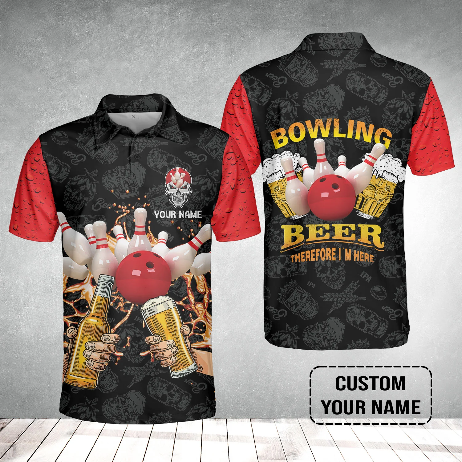 Bowling Polo Shirt Custom Name, Bowling and Beer Black Red Therefore I'm Here Personalized Polo Shirt - Image 2